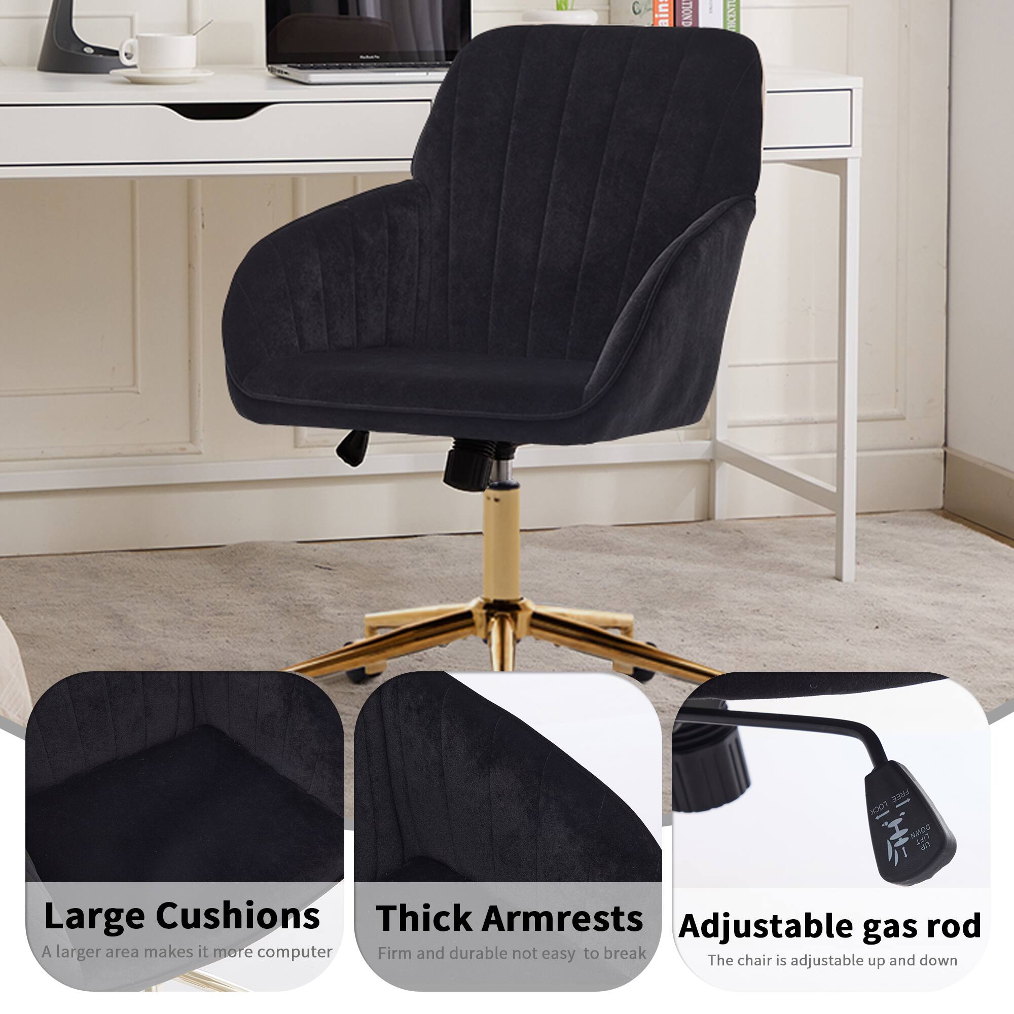 - Large Cushions  
  A larger area makes it more comfortable.

- Thick Armrests  
  Firm and durable, not easy to break.

- Adjustable gas rod  
  The chair is adjustable up and down.