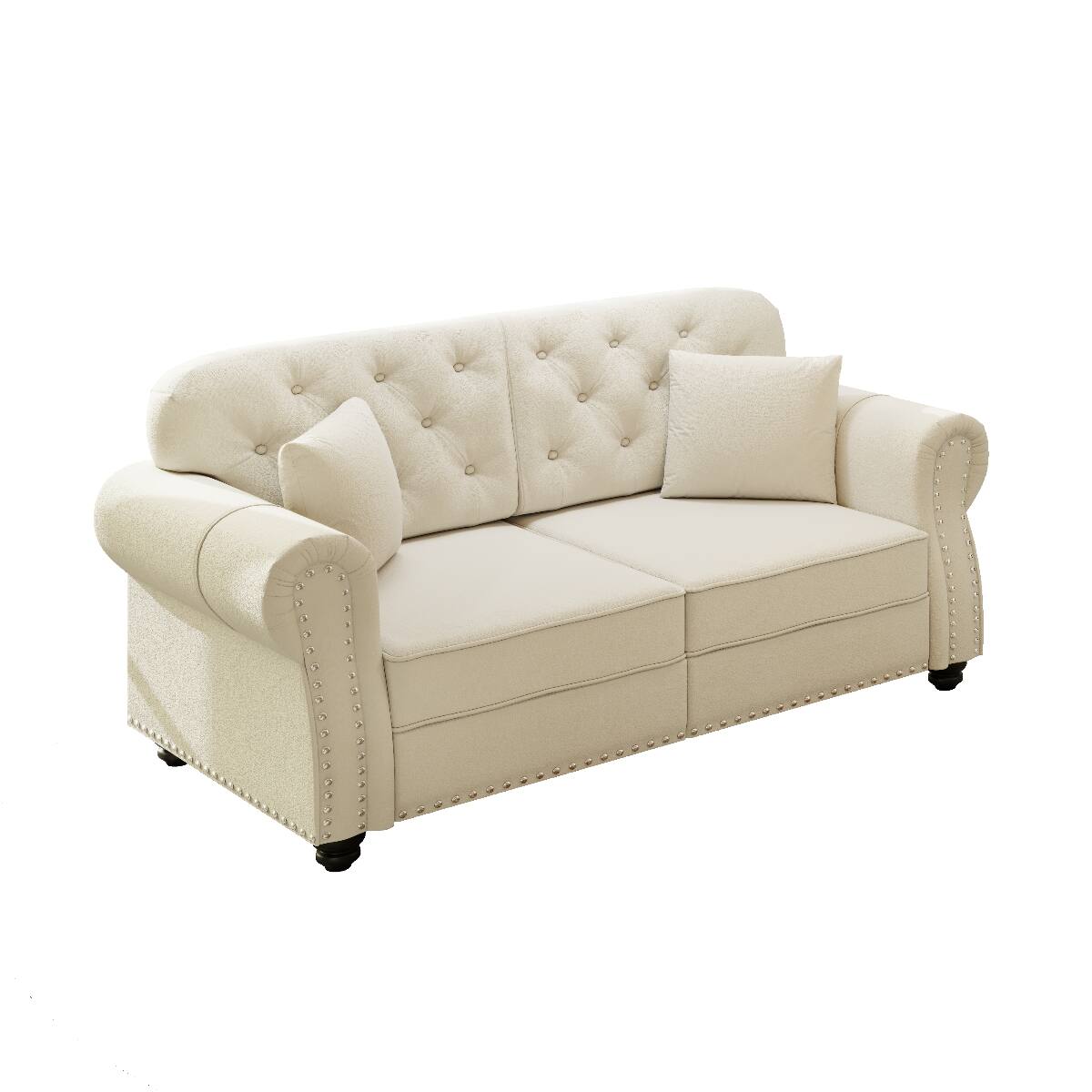 Alt View 9. Ropilly - Ropilly 63 Inch Velvet Loveseat Sofa Button Tufted Chesterfield Style with Rolled Arms Nailhead Trim and 2 Pillows - Beige White.