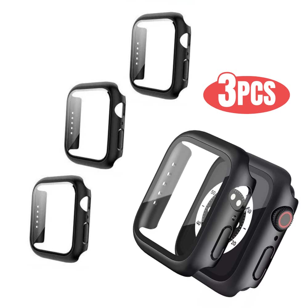 Qixxronics - 3-PACK For Apple Watch 44mm Series SE 2 Case, with Built-in Glass Screen Protector - Black