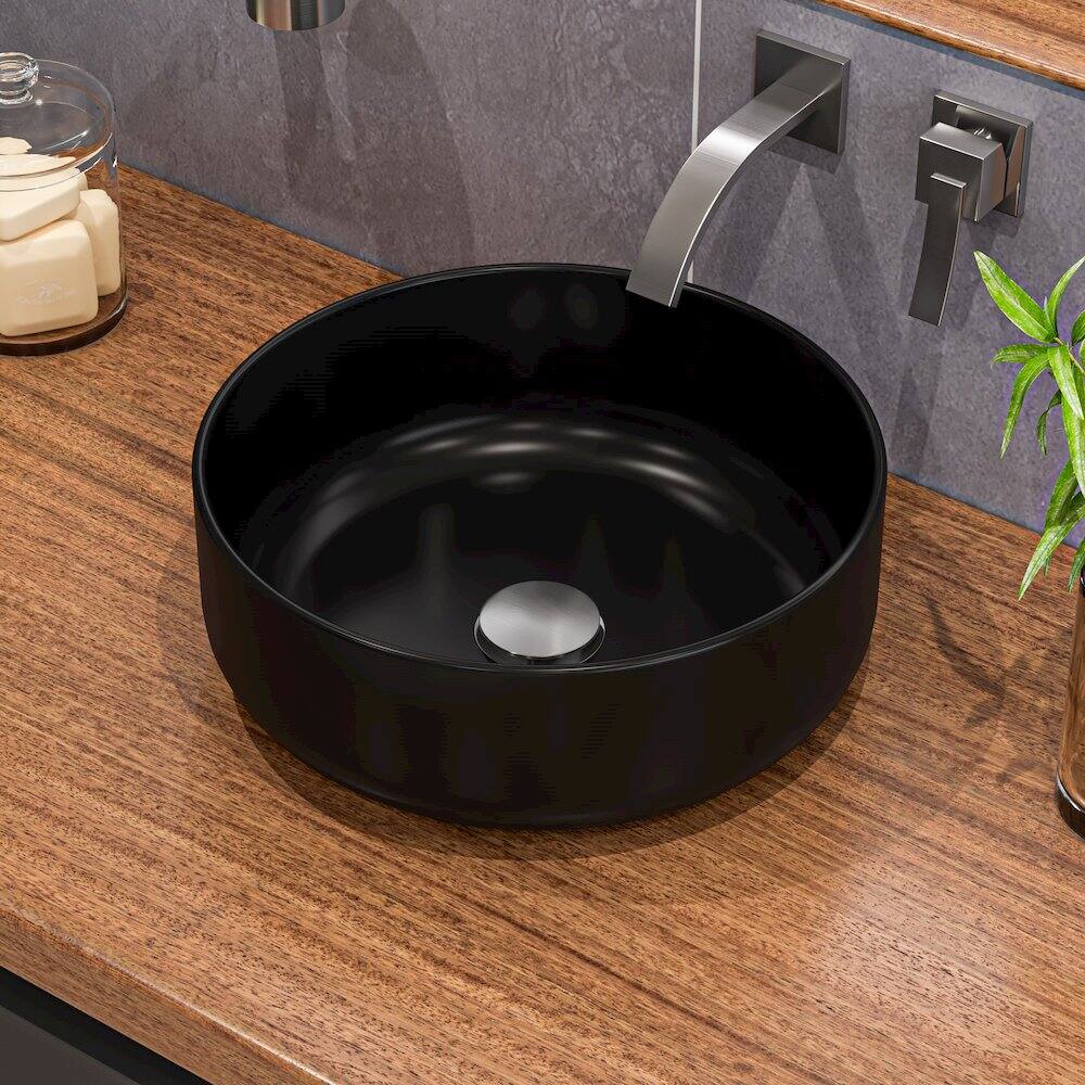 Angle. Alfi - Black Matte 15" Round Above Mount Ceramic Sink - Black.