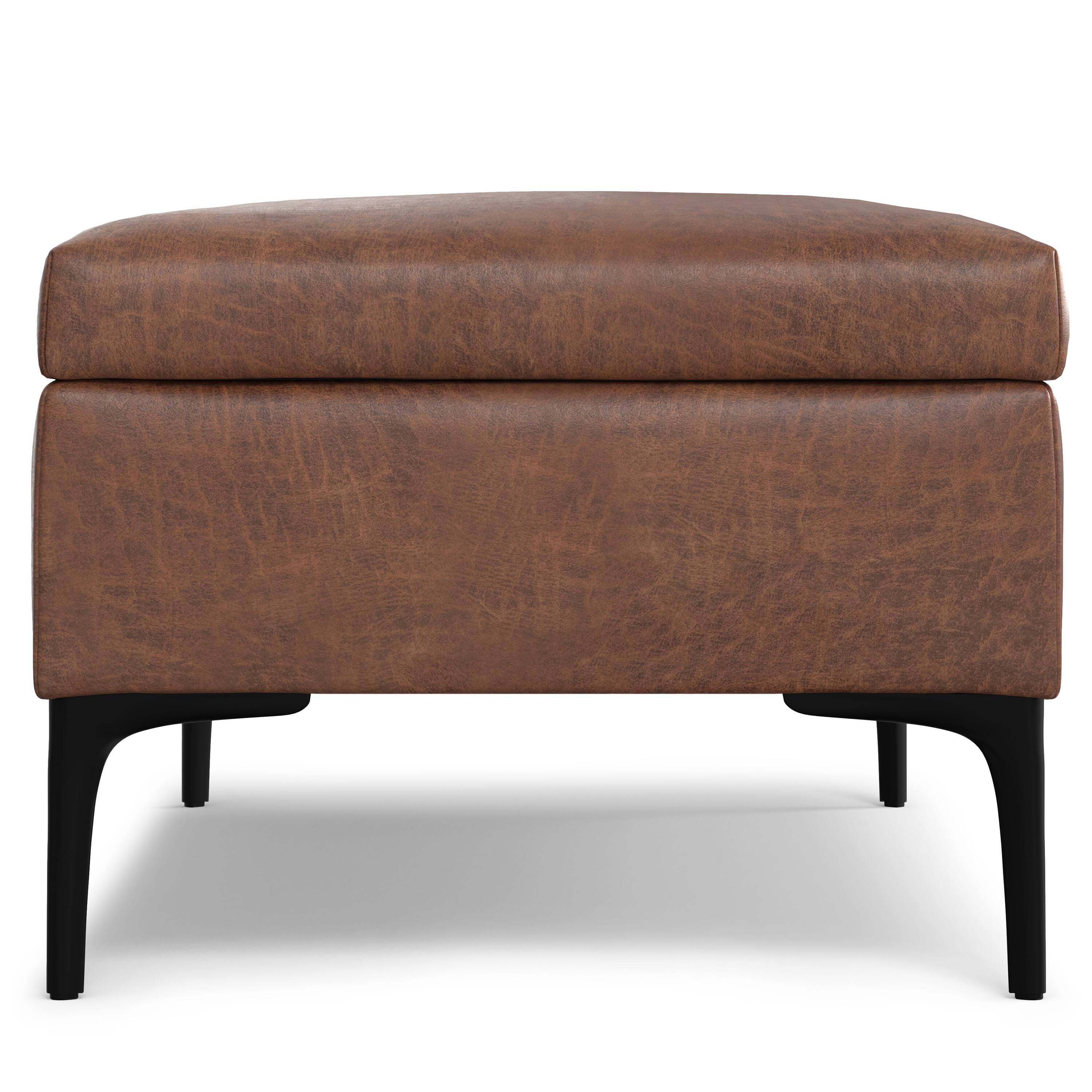 Alt View 2. Simpli Home - Rebecca 48 inch Mid Century Modern Storage Ottoman with Lift up Lid in Distressed Saddle Brown Faux Leather, Assembled - Distressed Saddle Brown.