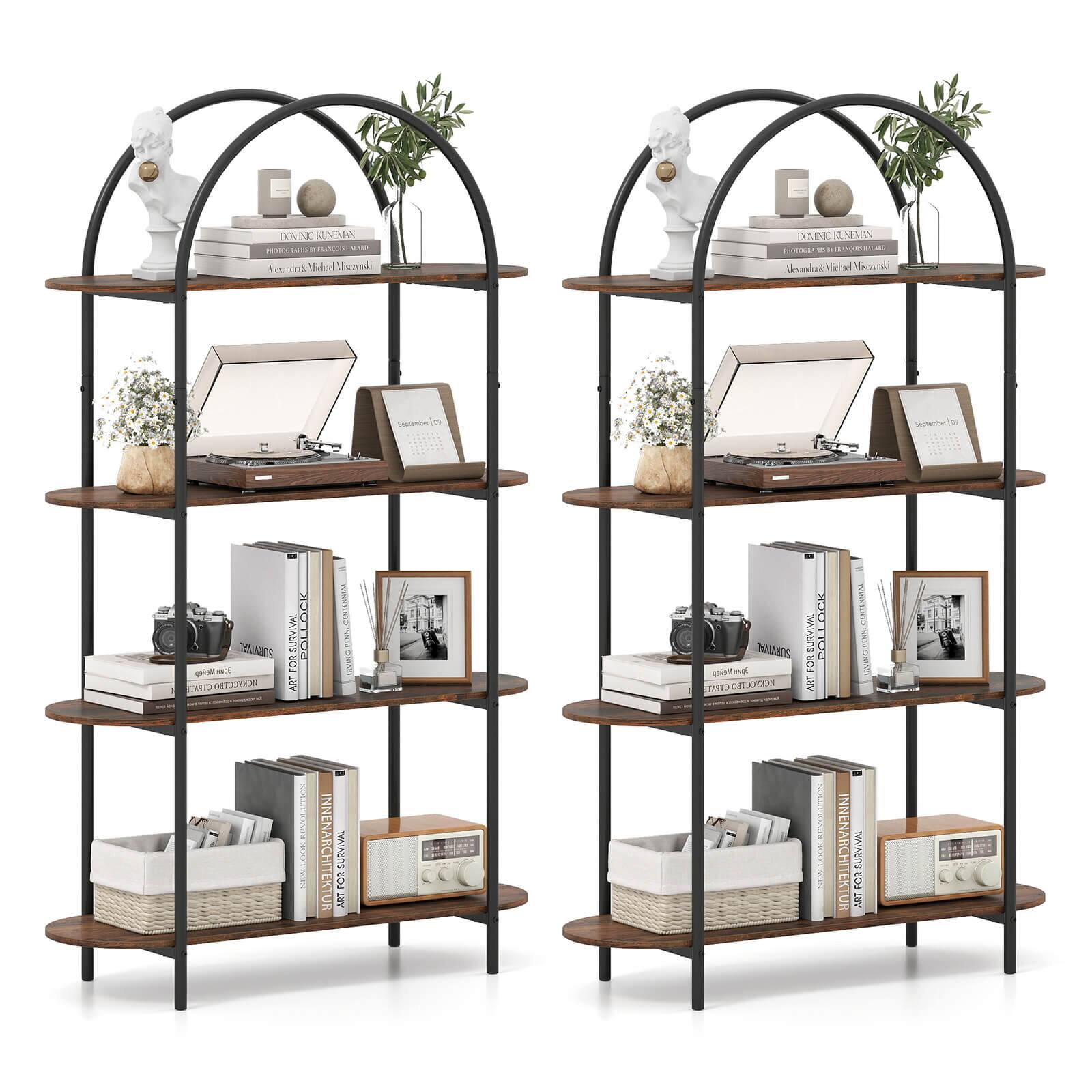 Costway - 2 PCS Arched Bookshelf, 4-Tier Open Bookcase with Sturdy Metal Frame for Living Room - Rustic Brown,Black
