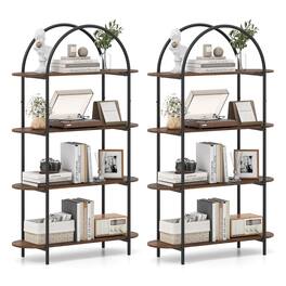 Costway - 2 PCS Arched Bookshelf, 4-Tier Open Bookcase with Sturdy Metal Frame for Living Room - Rustic Brown,Black