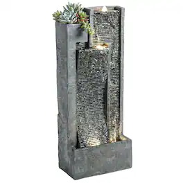 Outsunny - 40" Tall Outdoor Waterfall Fountain with LED Lights and Planter, 3-Tier Cascading Waterfall Feature with Pump