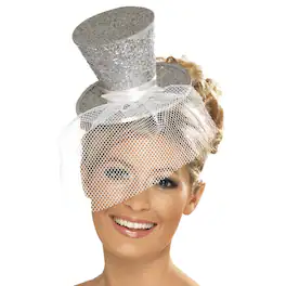 Smiffys - Glitter Mini Top Hat Headband Costume Accessory - Silver
