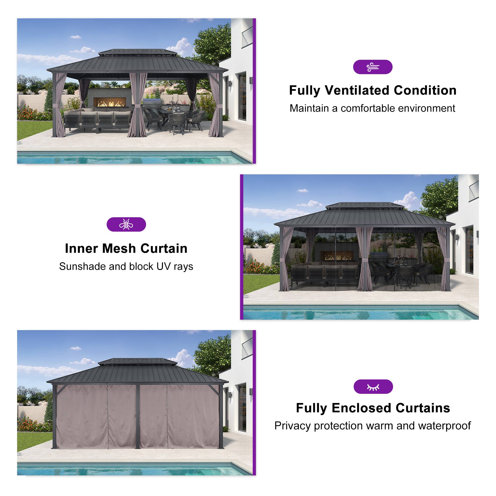 - Fully Ventilated Condition  
  Maintain a comfortable environment

- Inner Mesh Curtain  
  Sunshade and block UV rays

- Fully Enclosed Curtains  
  Privacy protection warm and waterproof