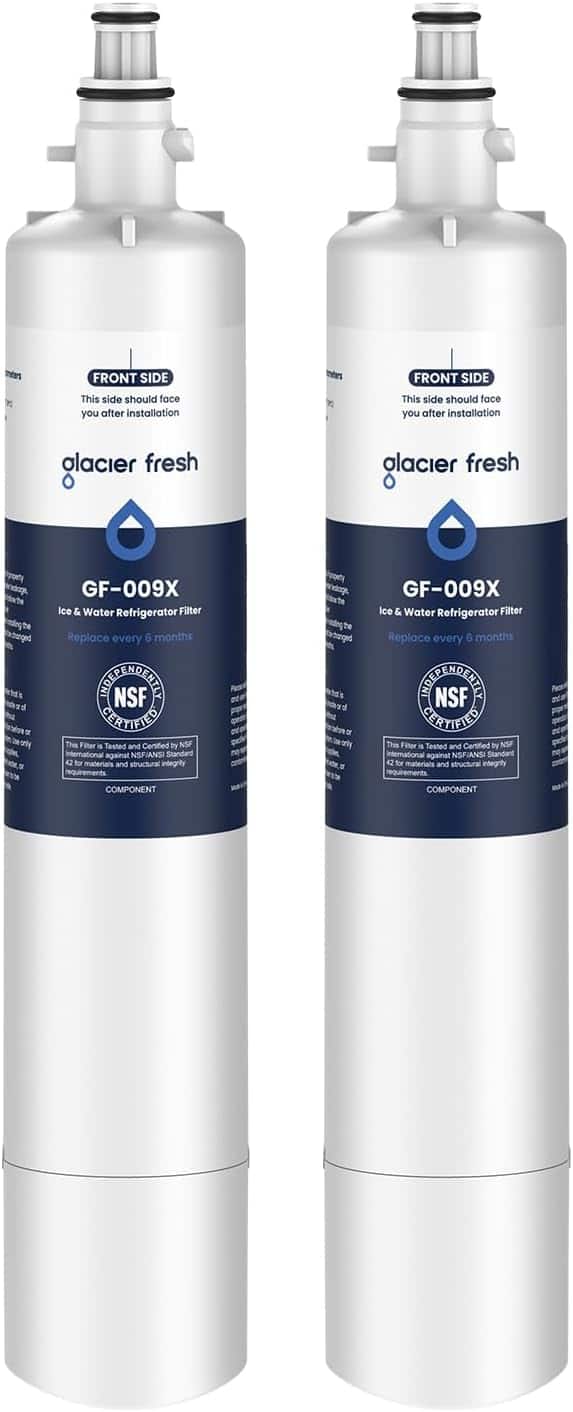 FRONT SIDE
This side should face you after installation
glacier fresh
GF-009X
Ice & Water Refrigerator Filter
Replace every 6 months
NSF CERTIFIED
This Filter is Tested and Certified by NSF International against NSF/ANSI Standard 42 for materials and structural integrity requirements
COMPONENT
FRONT SIDE
This side should face you after installation
glacier fresh
GF-009X
Ice & Water Refrigerator Filter
Replace every 6 months
NSF CERTIFIED
This Filter is Tested and Certified by NSF International against NSF/ANSI Standard 42 for materials and structural integrity requirements
COMPONENT
