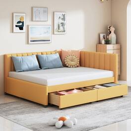 Tiramisubest - Full Size Upholstered Daybed with 2 Storage Drawers Sofa Bed Frame No Box Spring Needed, Linen Fabric (Yellow) - Yellow
