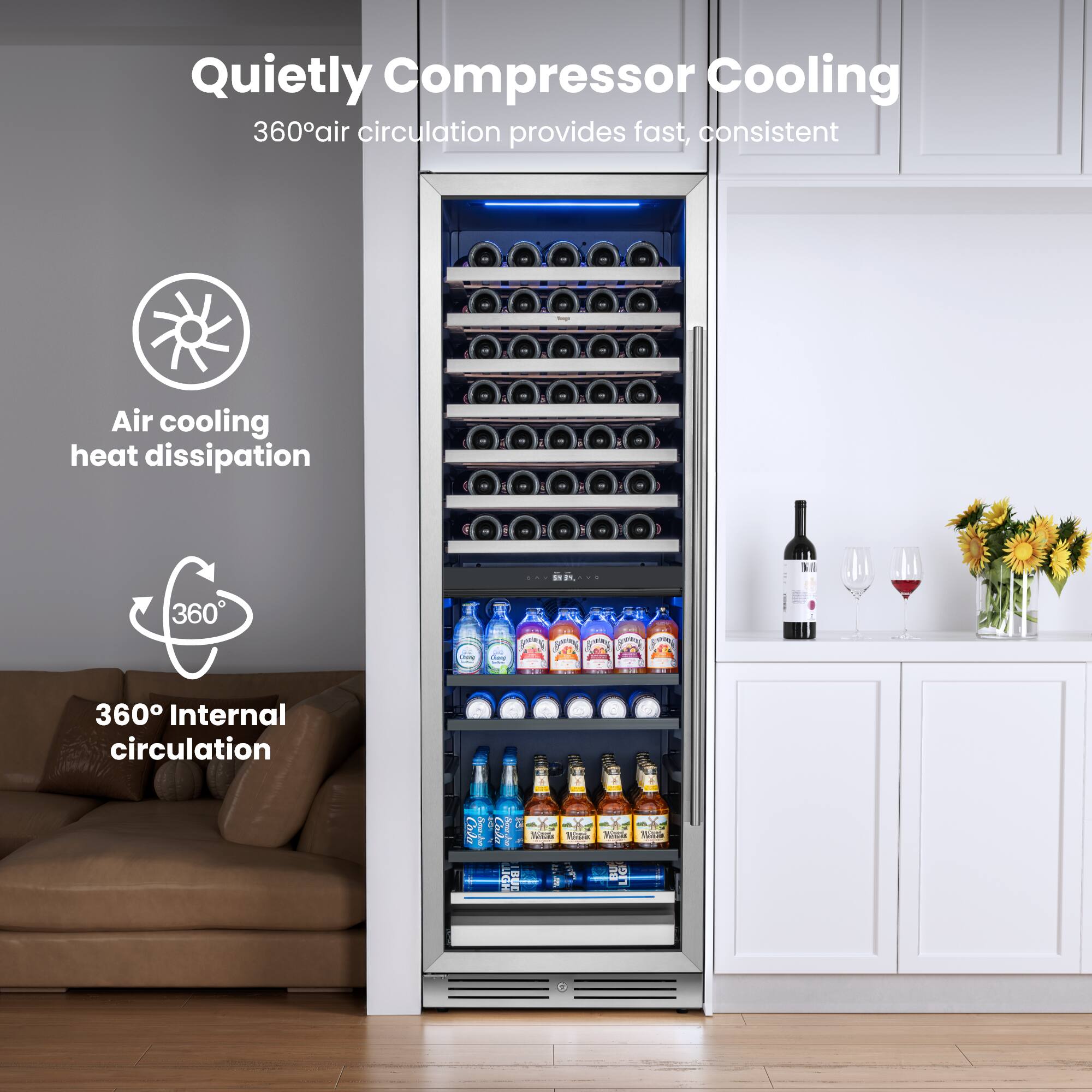 Quietly Compressor Cooling  
360° air circulation provides fast, consistent Air cooling heat dissipation  
360° Internal circulation