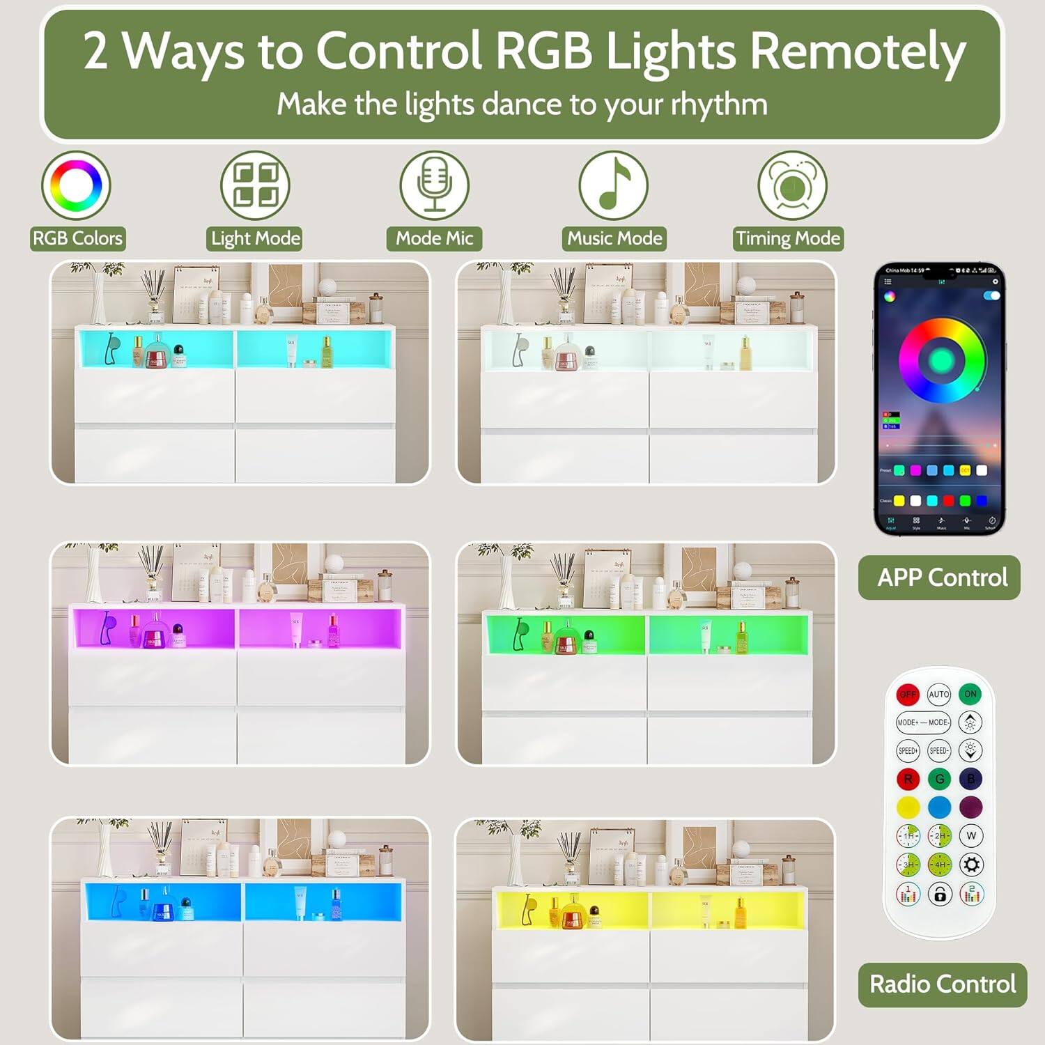 2 Ways to Control RGB Lights Remotely  
Make the lights dance to your rhythm

- RGB Colors
- Light Mode
- Mode Mic
- Music Mode
- Timing Mode

APP Control

Radio Control