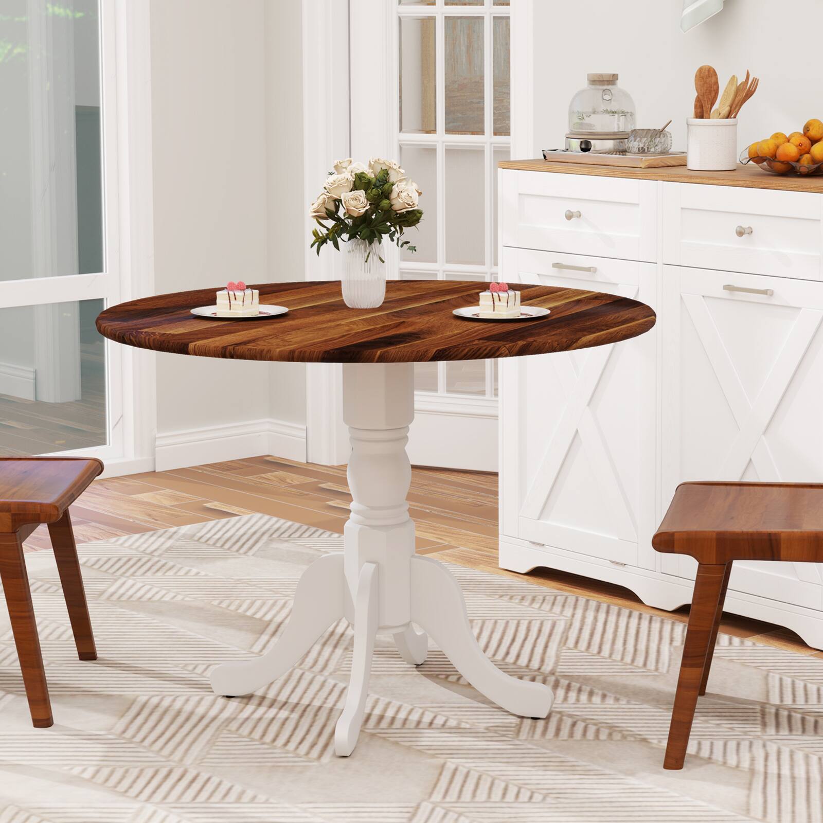 Angle. SlickBlue - Wood Dining Table with Round Tabletop and Stylish Trestle Legs - Walnut, White.