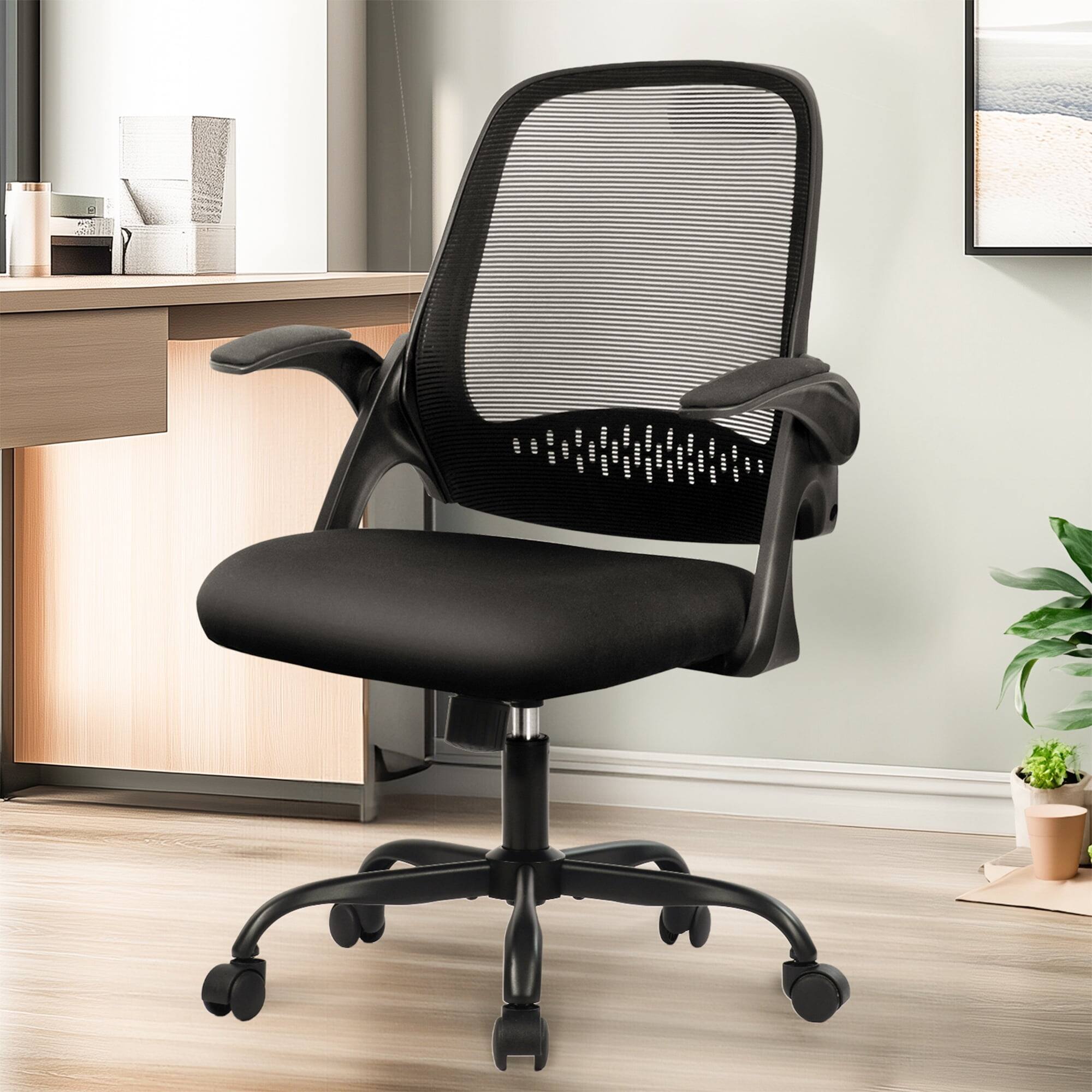 Left. Neo Chair - Ergonomic Office Chair, Mesh Back with Flip-Up Arms, Comfy Lumbar Support, Adjustable Height & Rolling Wheels - Steel Base-Black.