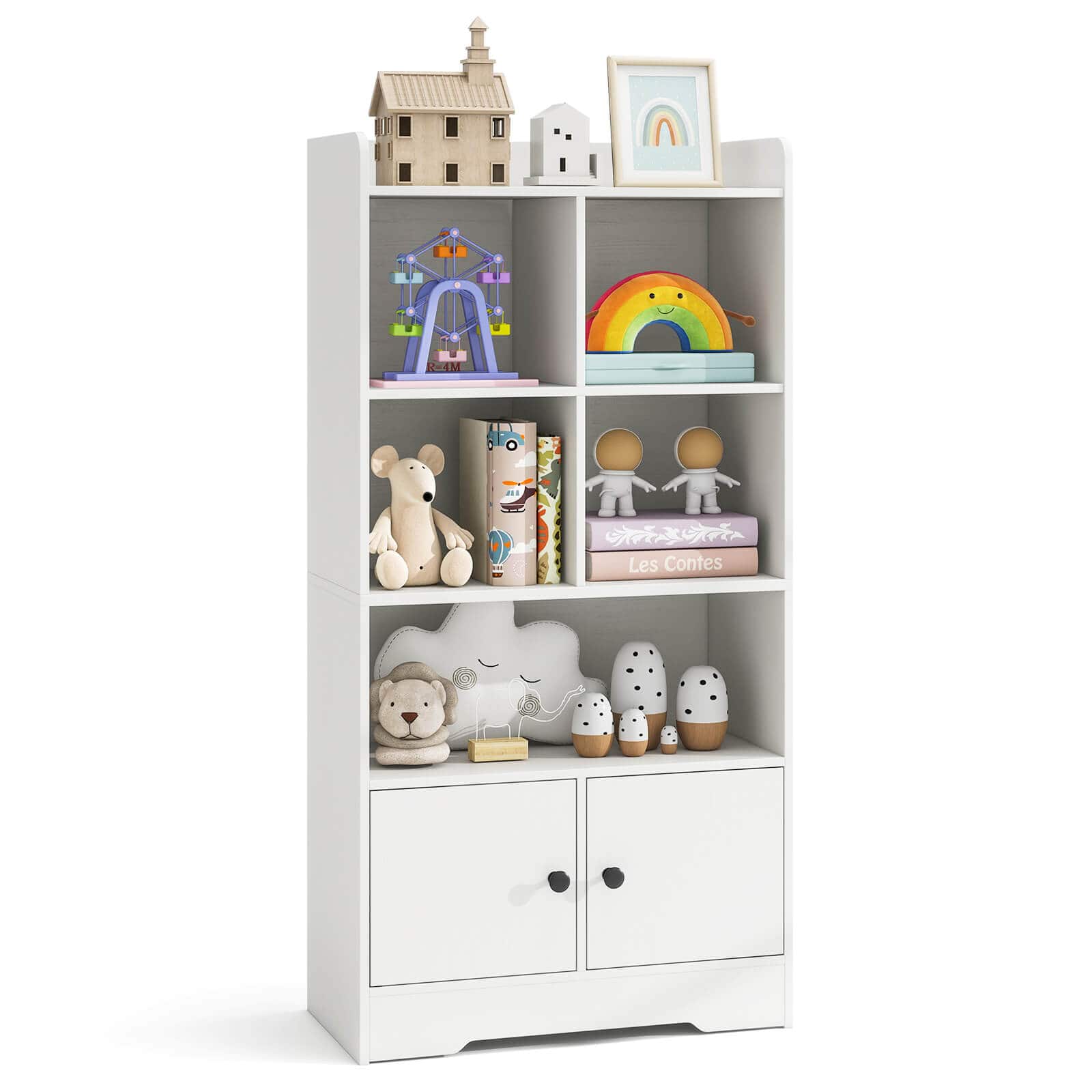 Costway - Freestanding Bookshelf with Doors 2 Storage Cabinets and 5 Cubbies 2 Anti-tip Kits - White