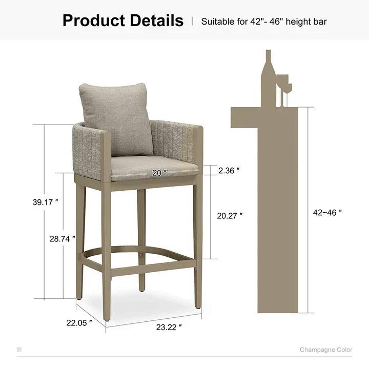 Product Details | Suitable for 42"-46" height bar

- Seat Width: 20"
- Seat Depth: 20.27"
- Seat Height: 2.36"
- Overall Height: 39.17"
- Overall Width: 28.74"
- Overall Depth: 22.05"
- Base Width: 23.22"
- Bar Height: 42-46"

Champagne Color