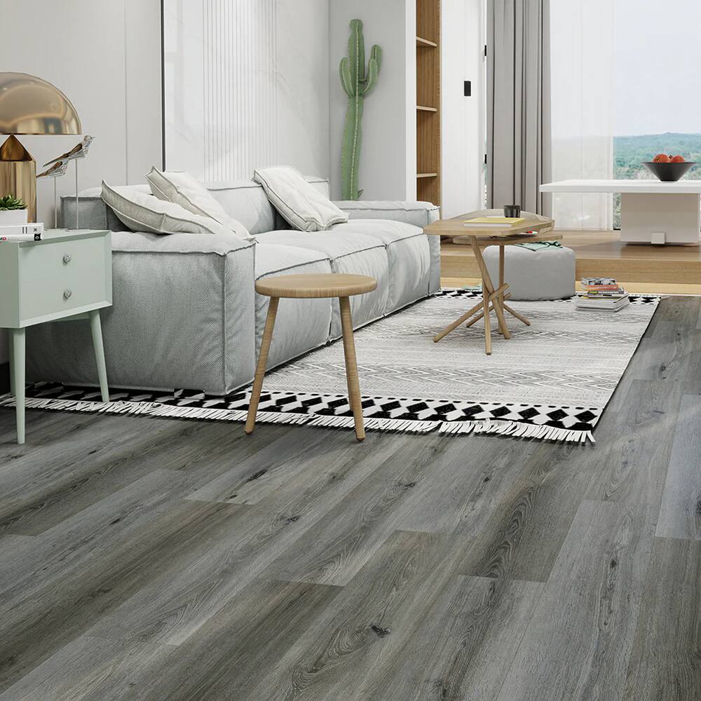 Angle. Dotfloor - 48"x7.2" SPC Composite Flooring; 10 Planks/Box (23.9 sq. ft/Box); 6mm Thick with 1mm IXPE Backing; 20 mil Wear Layer; - Antique Gray.