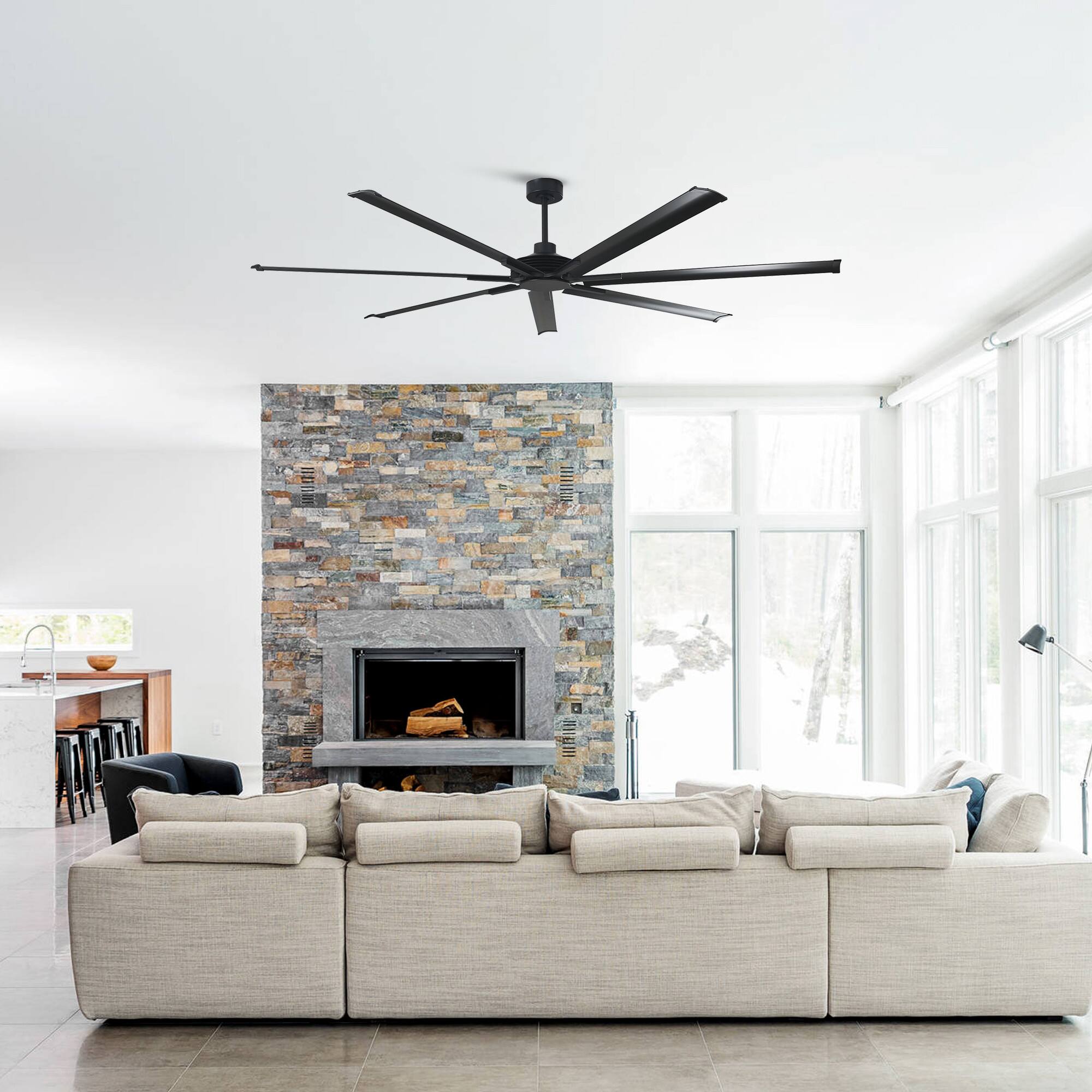 Back. Parrot Uncle - 100" Industrial Aluminum 7-Blade Black Extra Large Ceiling Fan with Remote - Matte Black.
