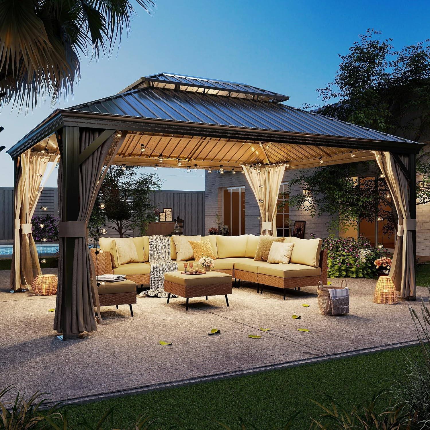 Angle. Yardgrace - Hardtop Gazebo Nettings Curtains Waterproof Permanent Heavy Duty Double Roof Aluminum Frame for Lawn Party - Grey 12x16.