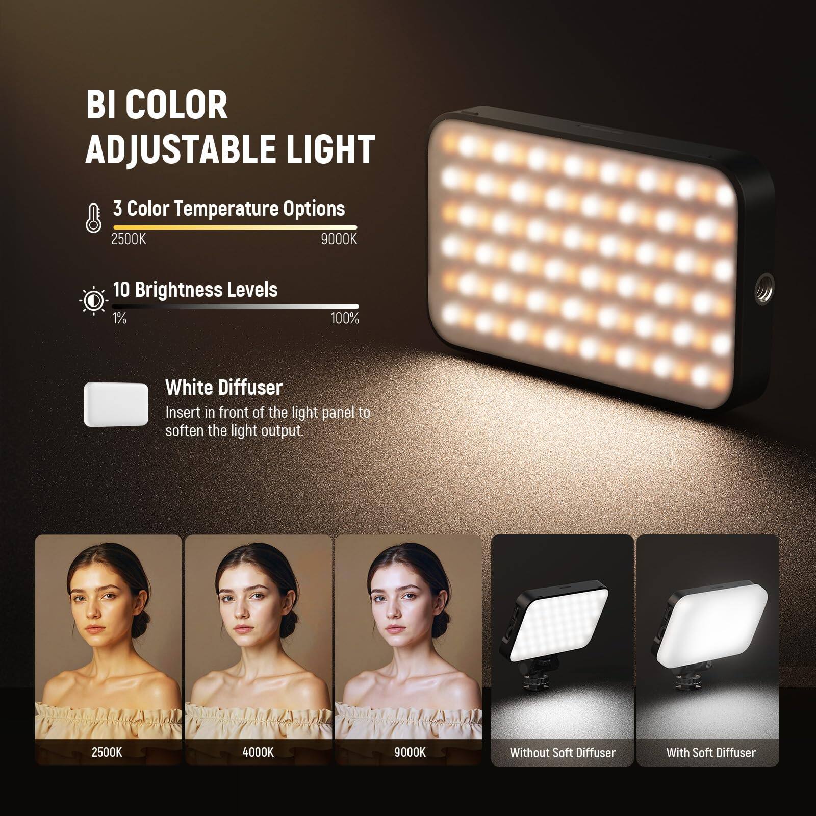 BI COLOR ADJUSTABLE LIGHT

3 Color Temperature Options
2500K 9000K

10 Brightness Levels
1% 100%

White Diffuser
Insert in front of the light panel to soften the light output.

2500K 4000K 9000K

Without Soft Diffuser
With Soft Diffuser