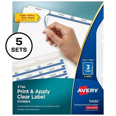 PROFIT Index Maker Easy Apply Label AU Tabs at Once  
SALES COSTS  
5 SETS  
3 TABS  
Laser Inkjet  
3 TABS  
5 SETS  
3 Tab Print & Apply Clear Label Dividers  
Customizable clear labels for a printed-on look  
Durable reinforced holes  
AVERY 11435  
Free Easy-To-Use Avery*