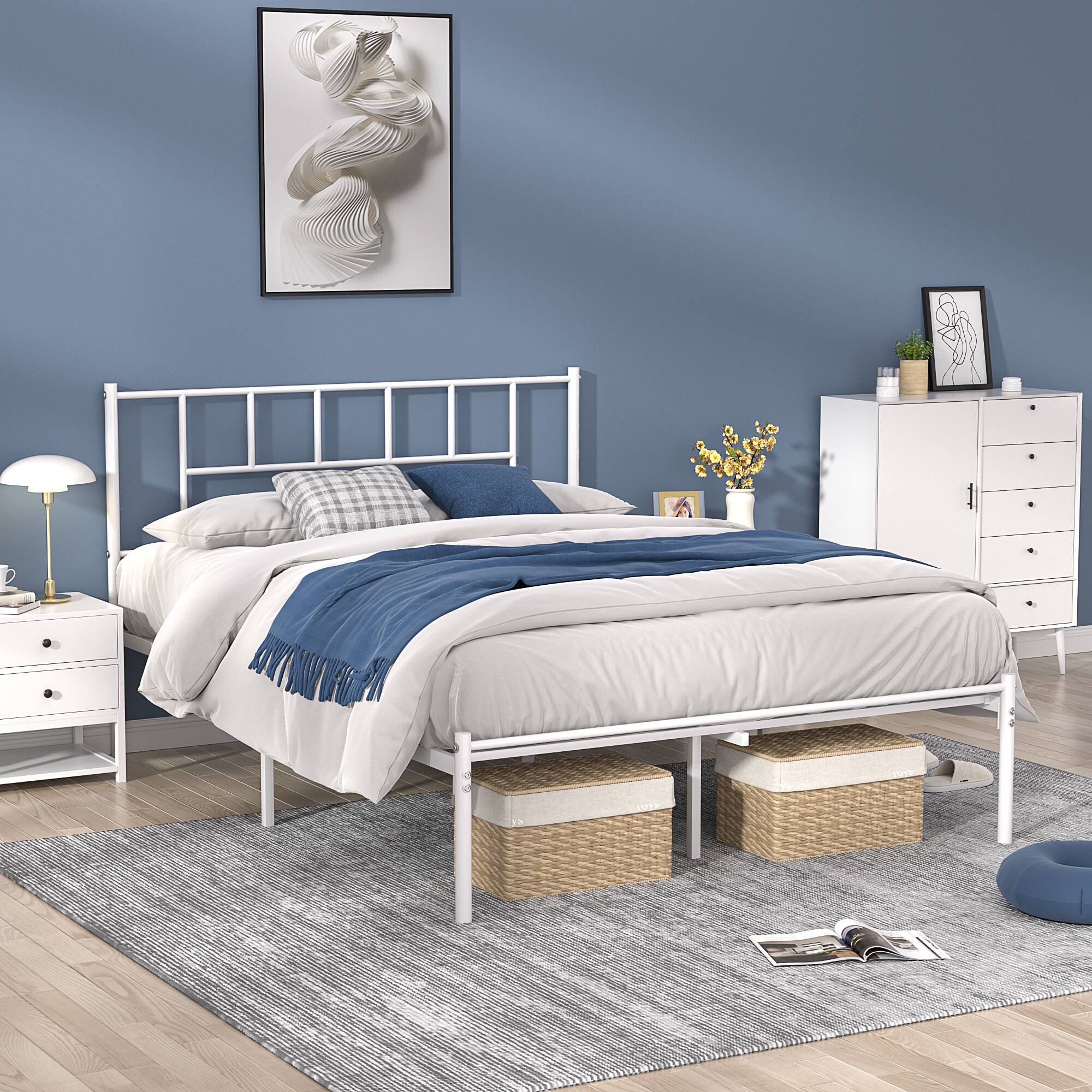 Alt View 2. Vecelo - Full Metal Platform Bed Frame, Heavy Duty Steel Slat Support, Under Bed Storage,No Box Spring Needed, Easy Assembly - White.