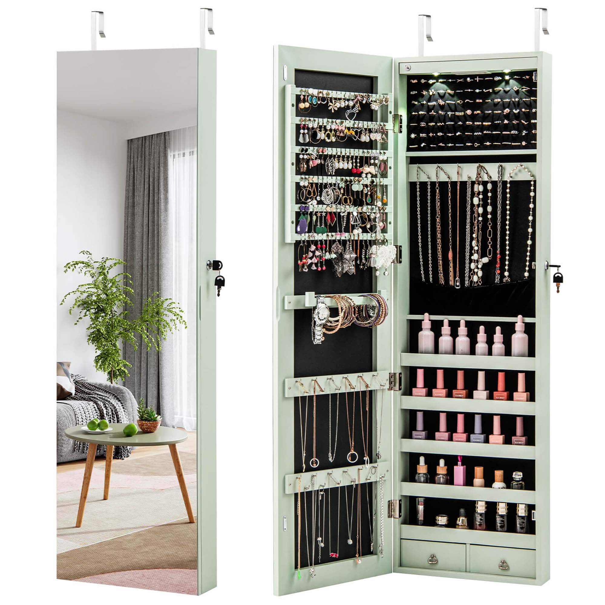 Front. Costway - Costway Mirrored Wall & Door Mounted Jewelry Cabinet Storage Organizer with Lights&Drawer - Green.