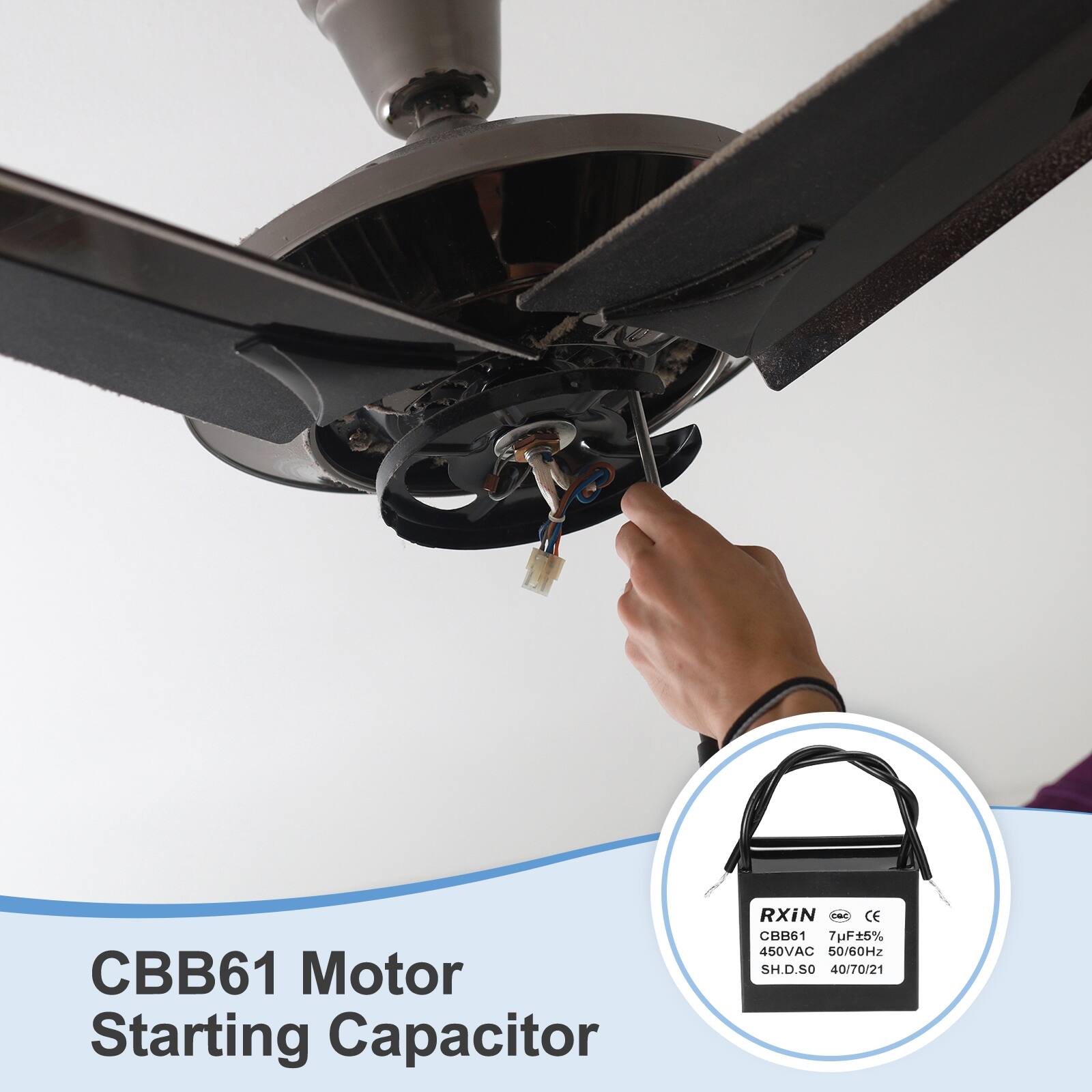 CBB61 Motor Starting Capacitor  
RXiN - CE  
CBB61 7uF 5% 450VAC 50/60Hz SH.D.SO 40/70/21