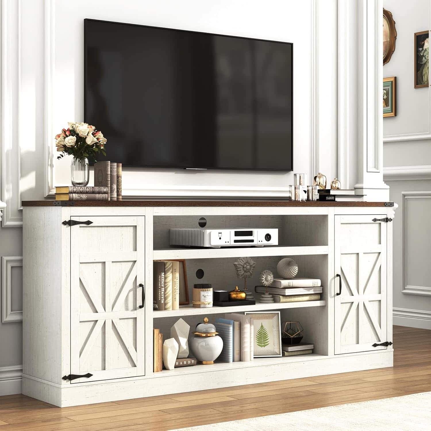 Espafurni - 75" Farmhouse TV Stand w/Power Outlet, 33"H, Adjustable Shelves & Storage – Fits 85" TV - White