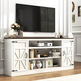 Espafurni - 75" Farmhouse TV Stand w/Power Outlet, 33"H, Adjustable Shelves & Storage – Fits 85" TV - White