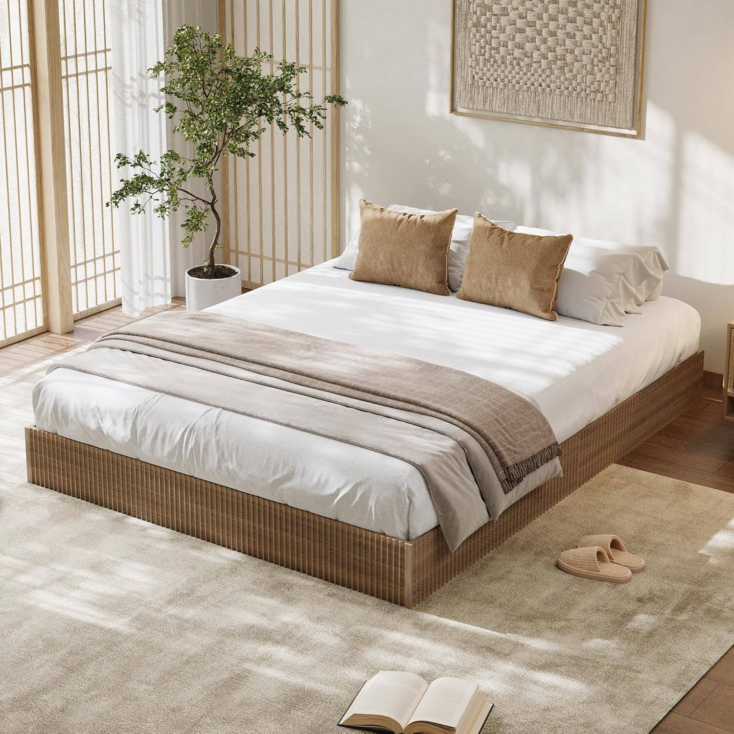 Angle. Homhougo - Full Bed Frame, Wood Platform Bed with Fluted Design, Low Profile BedFrame, Minimalist Bed Base with Noise-Free, Easy - Walnut.