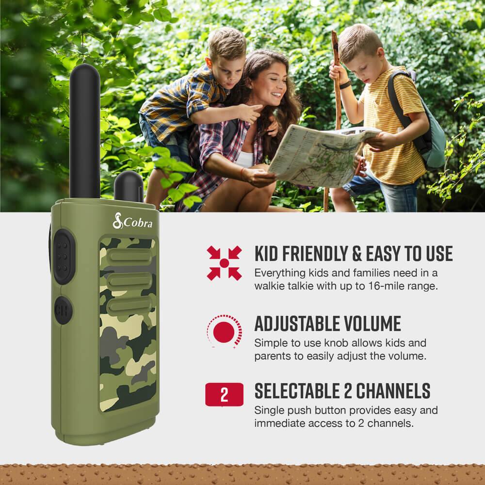 - Cobra KID FRIENDLY & EASY TO USE
- Everything kids and families need in a walkie talkie with up to 16-mile range.
- ADJUSTABLE VOLUME
- Simple to use knob allows kids and parents to easily adjust the volume.
- SELECTABLE 2 CHANNELS
- Single push button provides easy and immediate access to 2 channels.