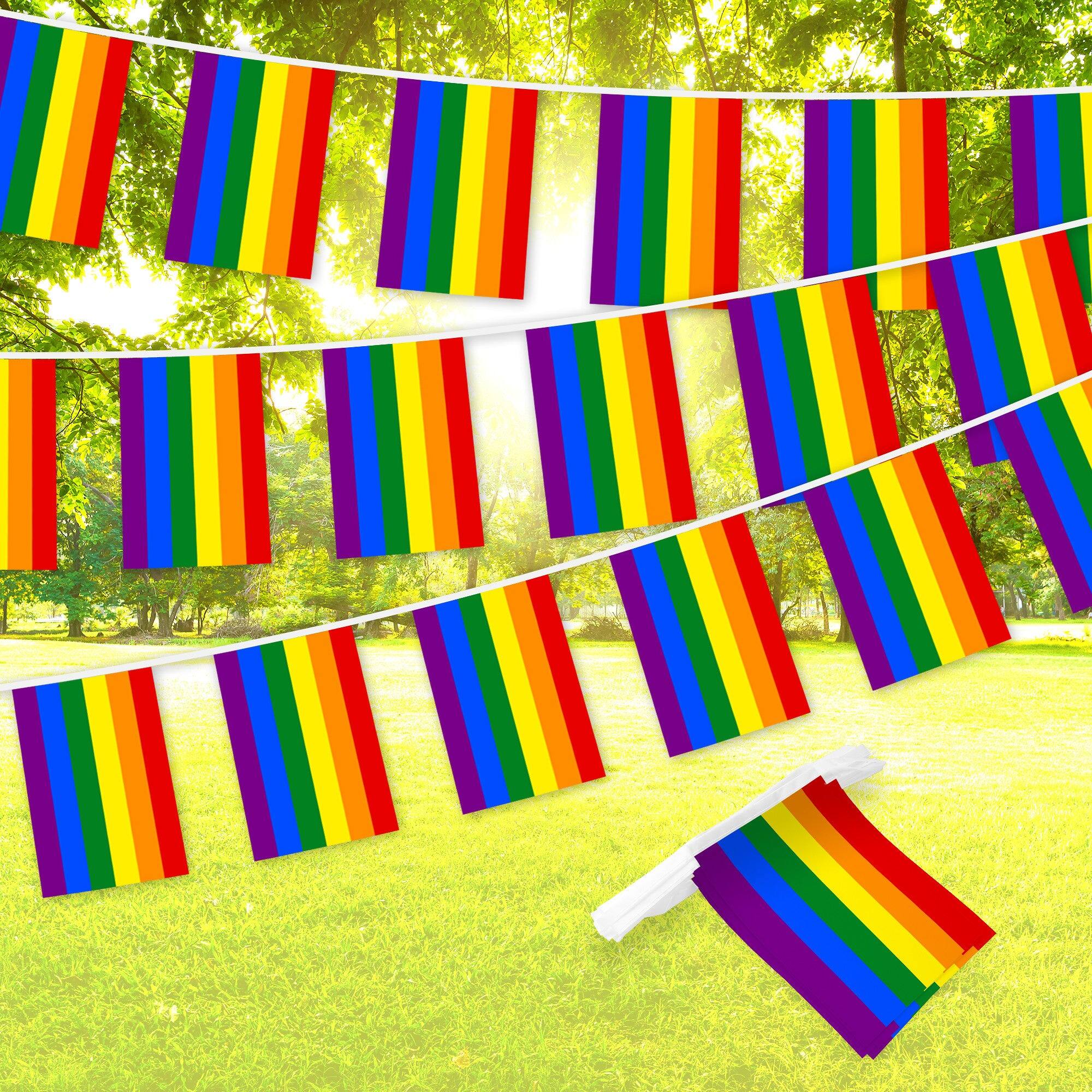 Front. G128 - LGBT Pride Bunting Banner, 33 ft String with 38 Mini Flags (8.2 x 5.5 in). - Rainbow.