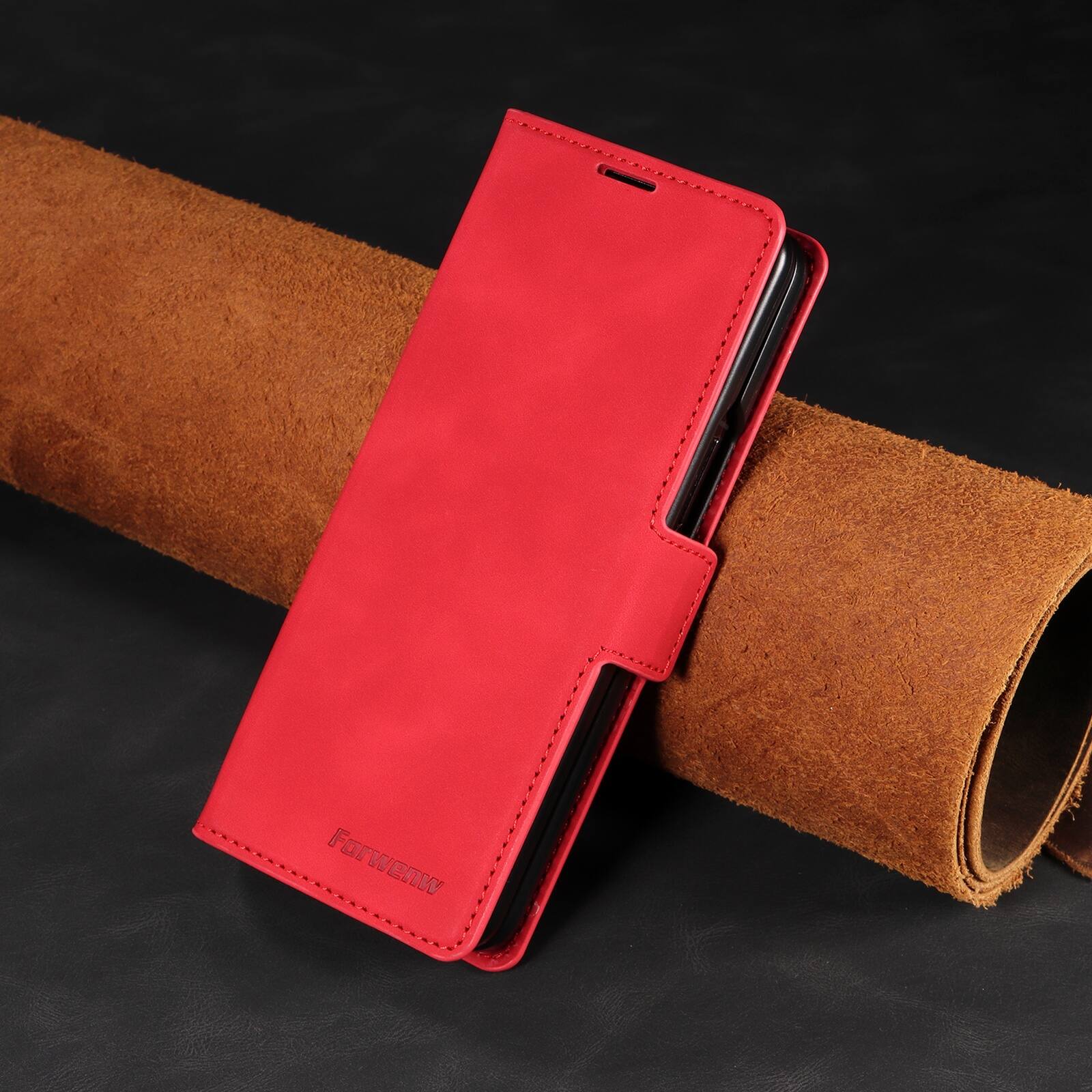 Angle. Dteck - Shockproof PU Leather Case for Samsung Galaxy Z Fold 8 Ultra, Wallet RFID Blocking with Card Slots Flip Stand Cover - Red.