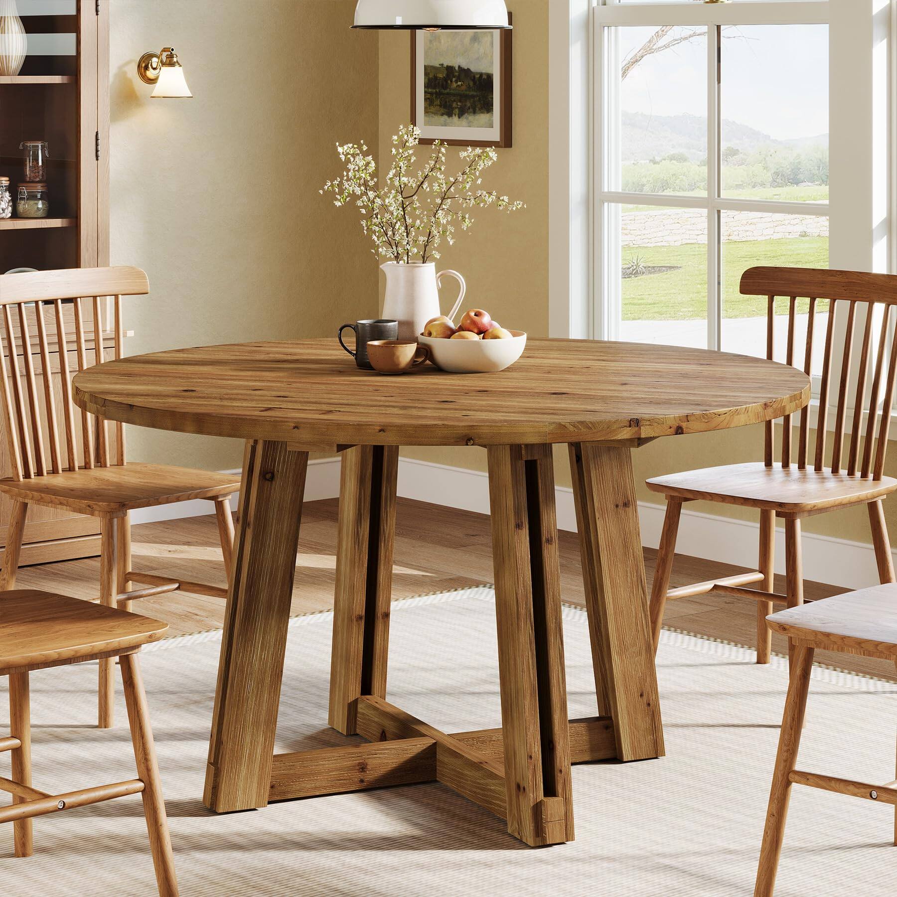 Left. Tribesigns - 47.3" Solid Wood Dining Table for 4-6, Round Wood Kitchen Table - Brown.