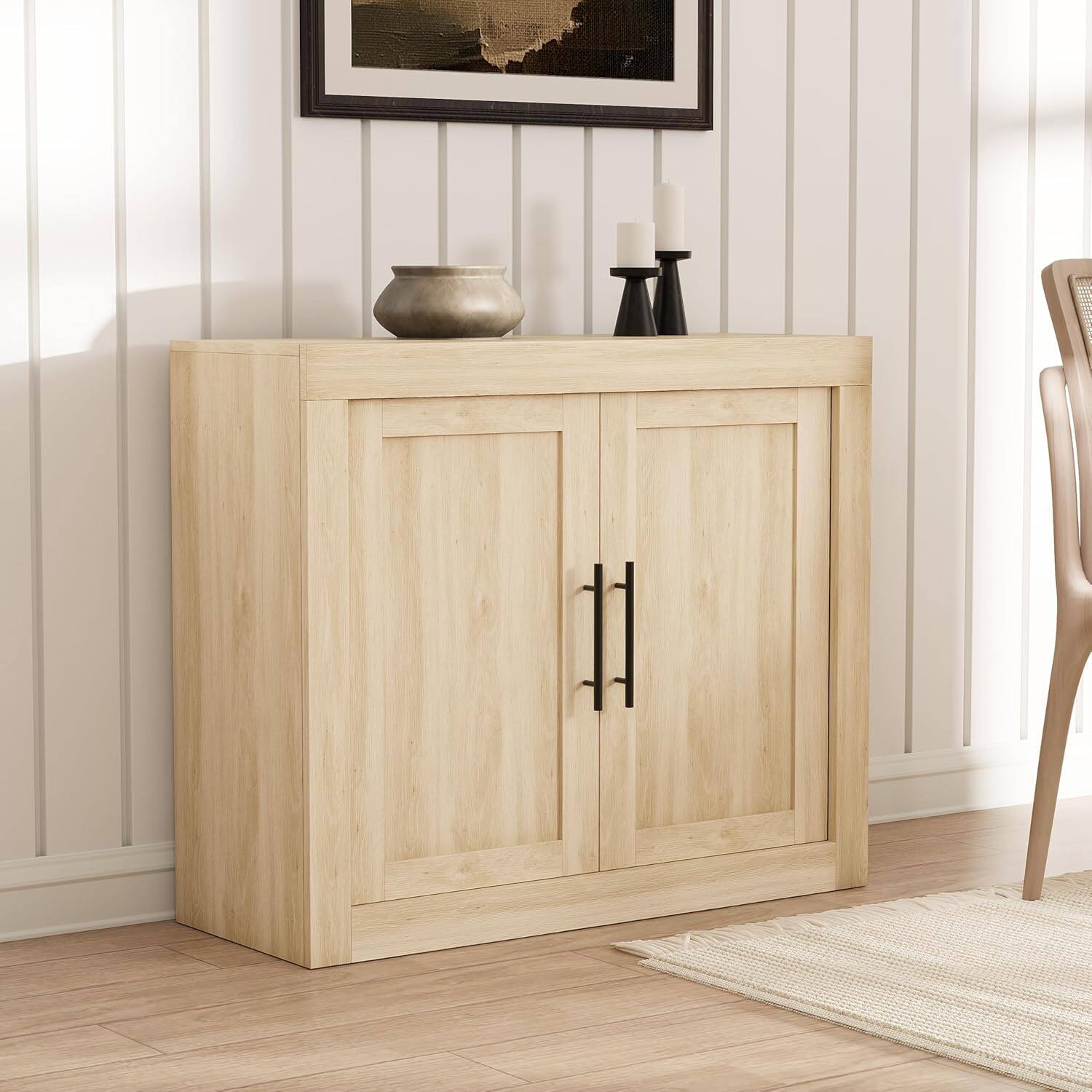 Front. Jojoka - 35.43" Mid-Century Modern Sideboard Buffet Cabinet with 2 Wood Doors & Modular Storage - Natural.