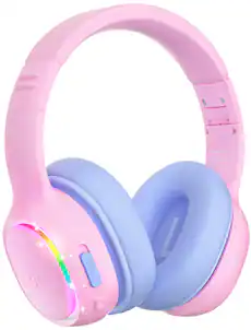 Tronsmart - KH03 Active Noise Cancelling Wireless Headphones w/ 74/85/93dB Safe Volume, LED Lights, 70H Playtime for School Travel - Princess Pink