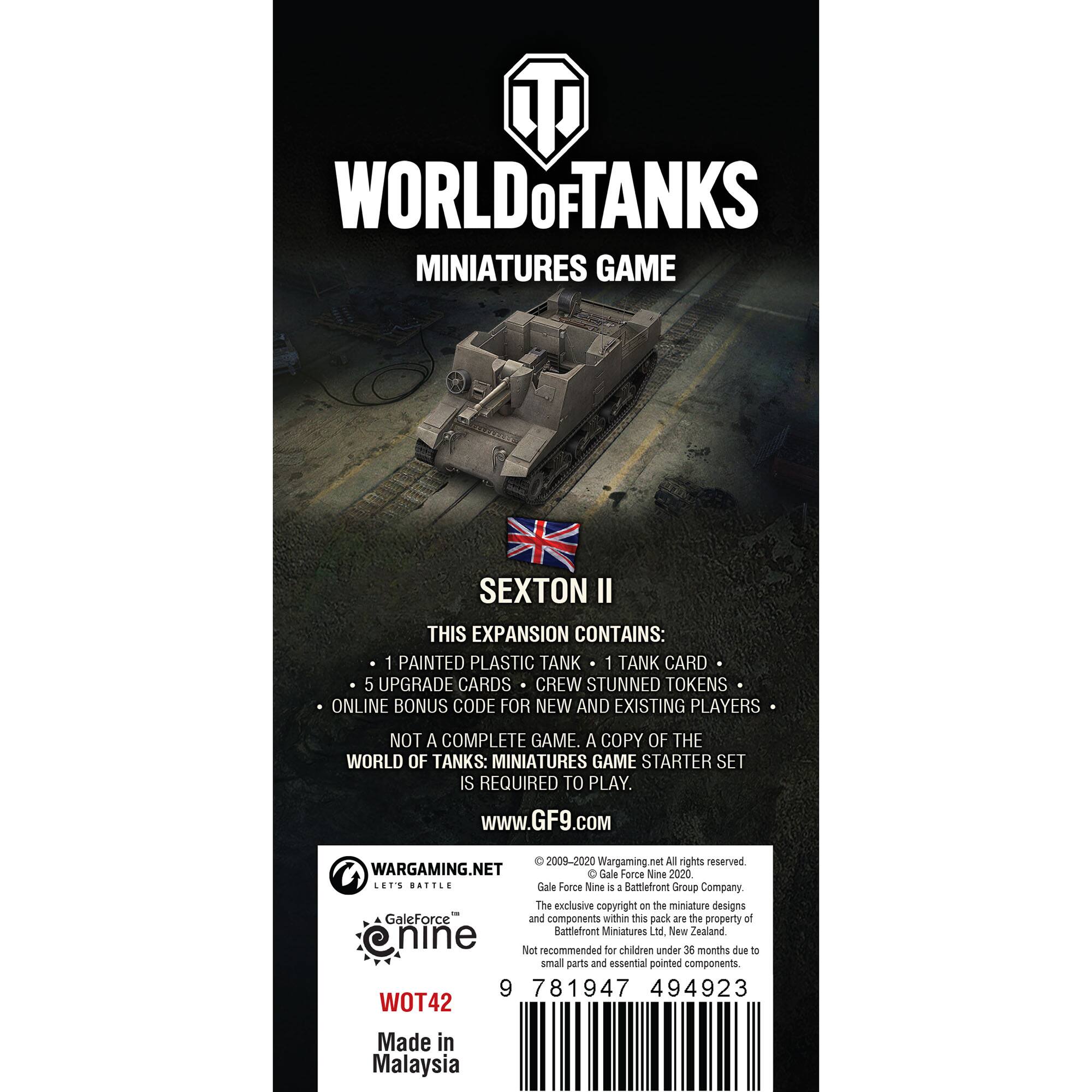 The World of Tanks Miniatures Game Sexton II expansion contains: 1 painted plastic tank, 1 tank card, 5 upgrade cards, crew stunned tokens, and an online bonus code for new and existing players. This is not a complete game; a copy of the World of Tanks: Miniatures Game Starter Set is required to play. The exclusive copyright for the miniature designs and components within this pack belongs to Gale Force Nine. The product is not recommended for children under 3 years old due to small parts and essential pointed components. The product is made in Malaysia.