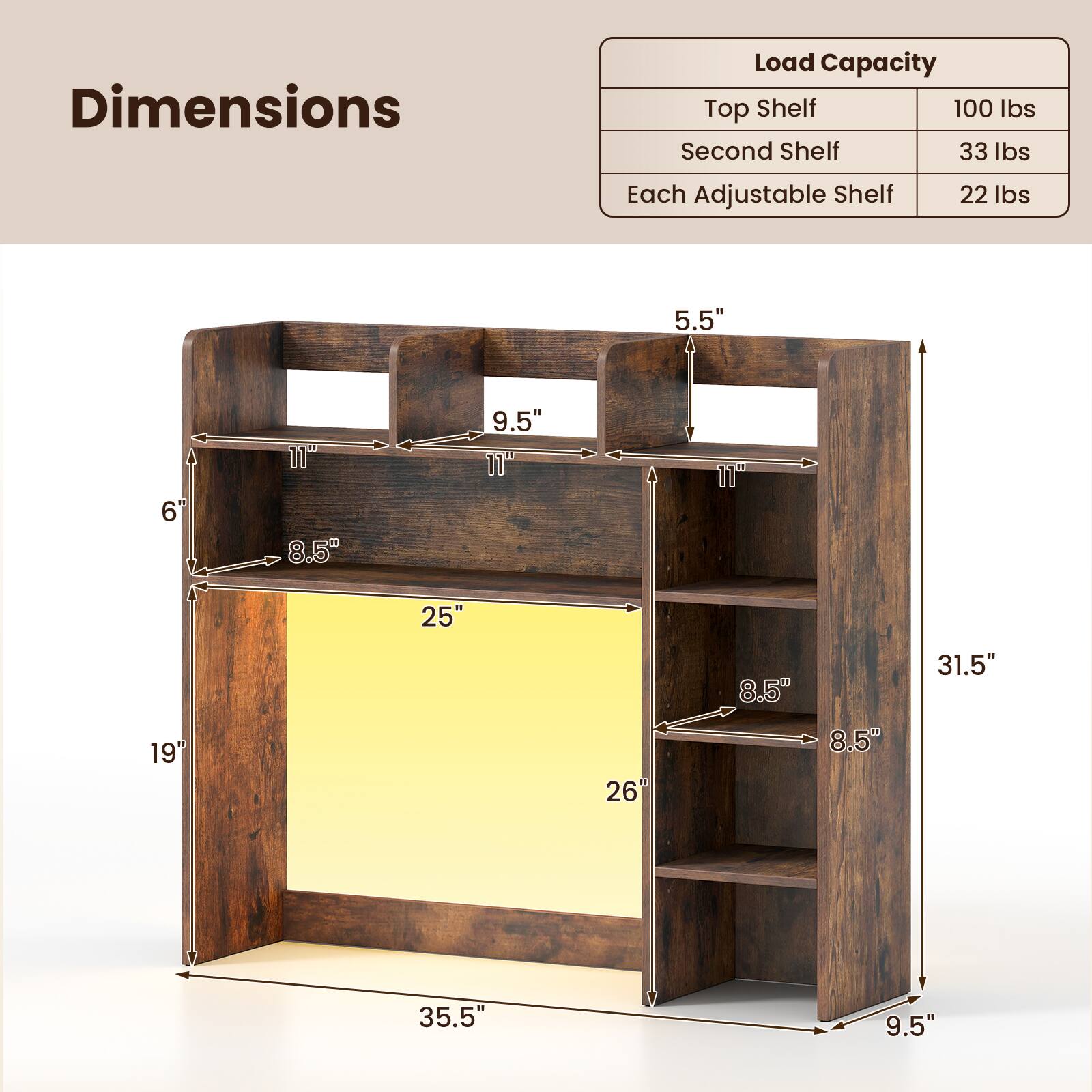 Dimensions

Load Capacity
- Top Shelf: 100 lbs
- Second Shelf: 33 lbs
- Each Adjustable Shelf: 22 lbs

Dimensions:
- 5.5"
- 9.5"
- 6"
- 8.5"
- 25"
- 8.5"
- 31.5"
- 19"
- 26"
- 8.5"
- 35.5"
- 9.5"