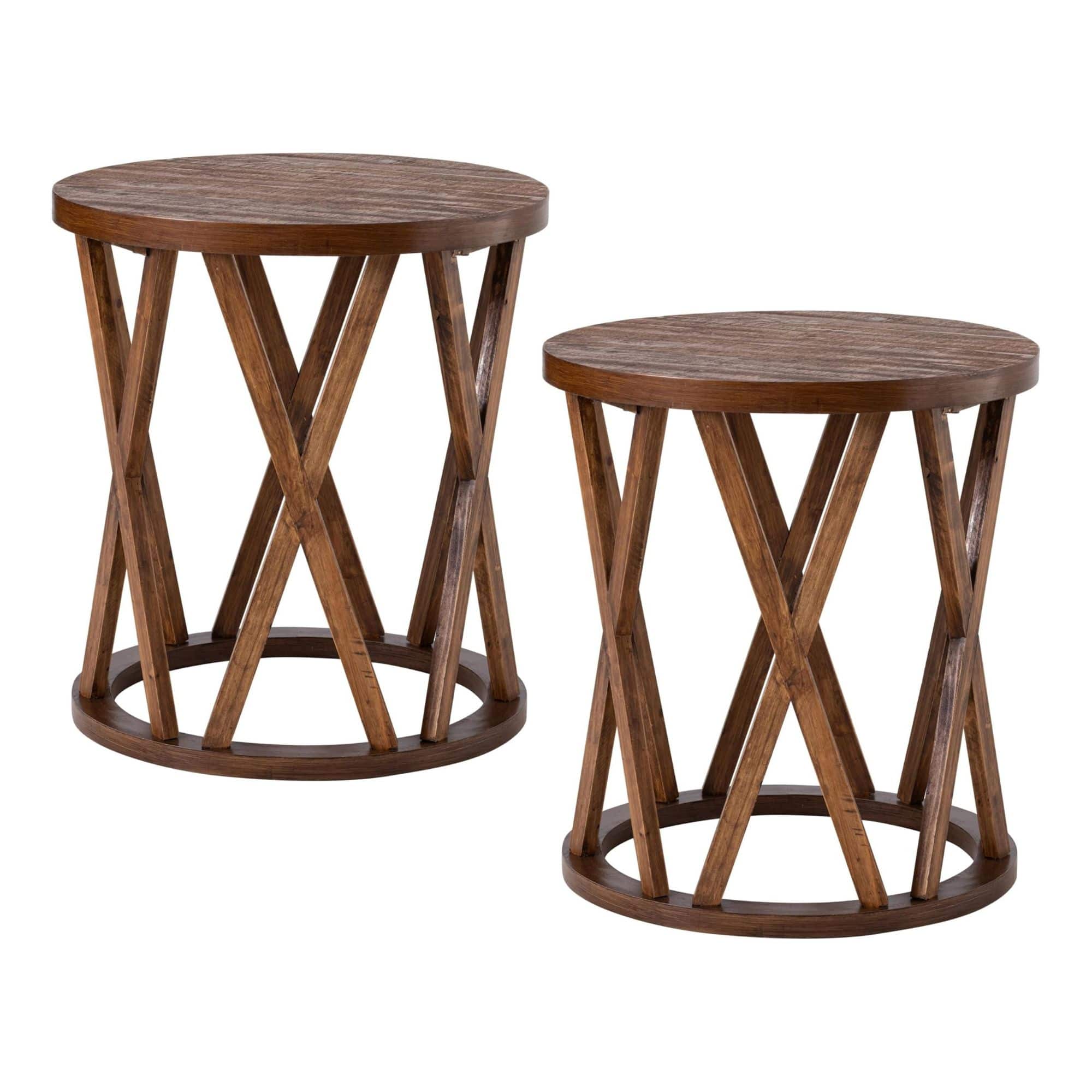 COZAYH - Farmhouse End Table, Rustic Round Top with X-Motifs Legs, Set of 2 - Brown