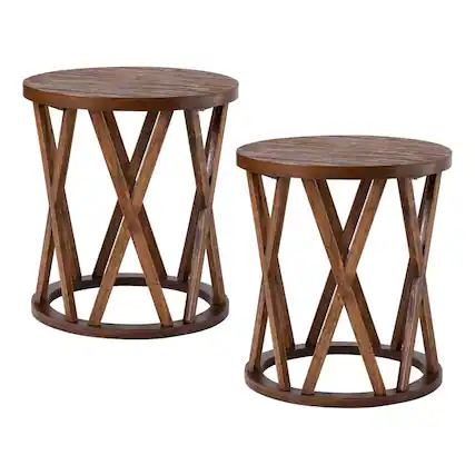 Front. COZAYH - COZAYH Farmhouse End Table, Rustic Round Top with X-Motifs Legs, Brown, Set of 2 - Brown.