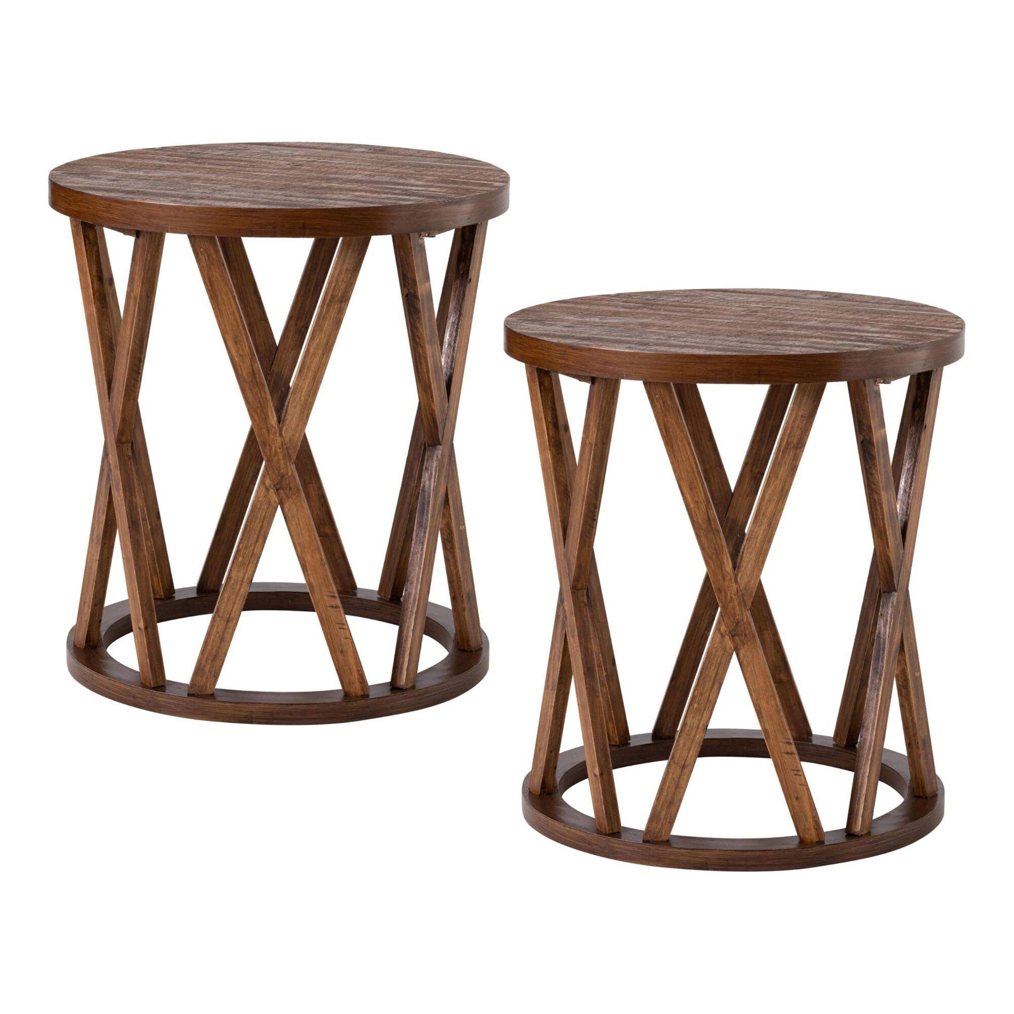 Front. COZAYH - COZAYH Farmhouse End Table, Rustic Round Top with X-Motifs Legs, Brown, Set of 2 - Brown.
