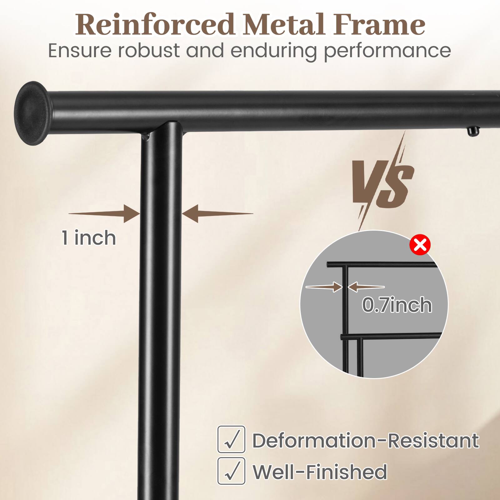 Reinforced Metal Frame  
Ensure robust and enduring performance  

1 inch VS 0.7 inch  

Deformation-Resistant  
Well-Finished