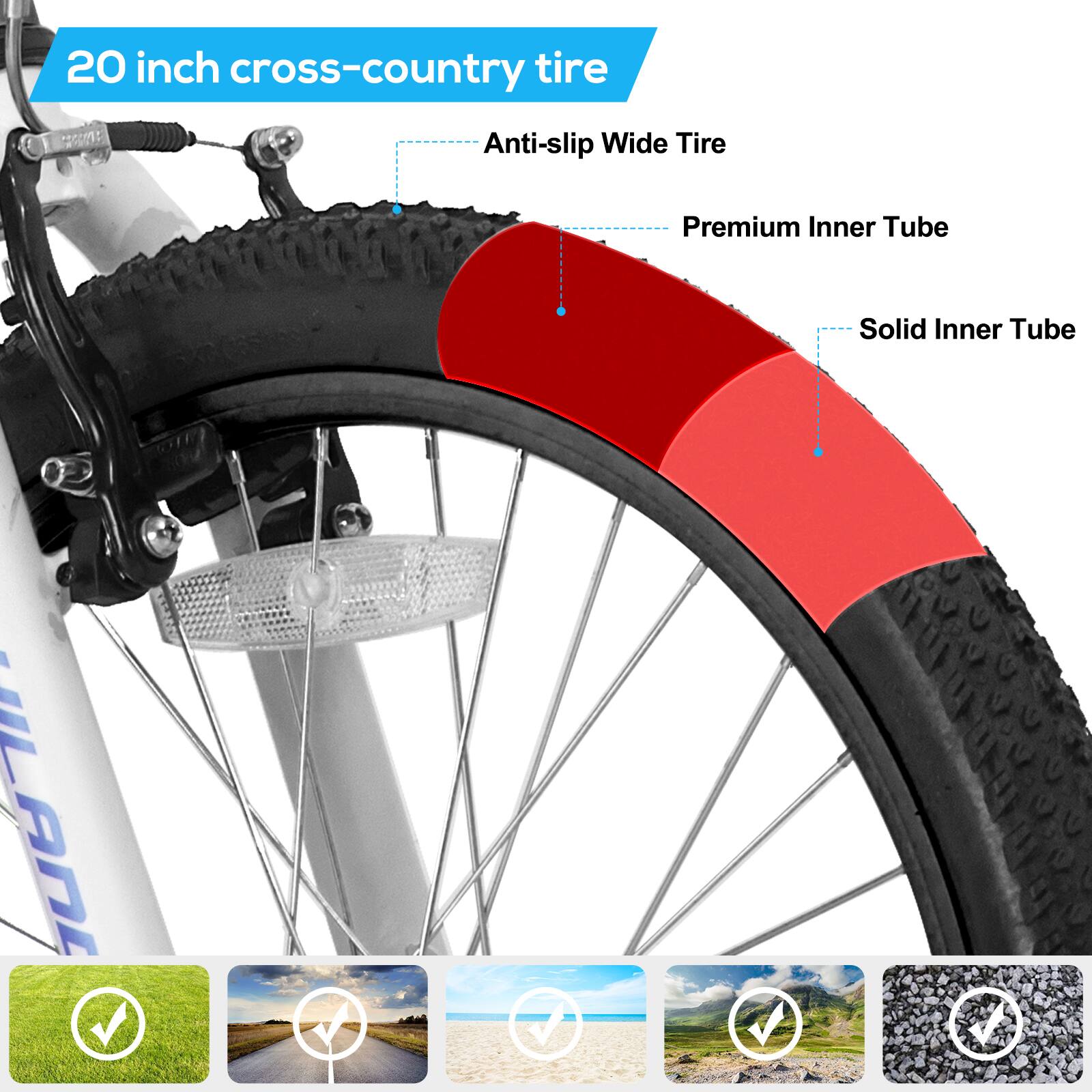 20 inch cross-country tire

- Anti-slip Wide Tire
- Premium Inner Tube
- Solid Inner Tube