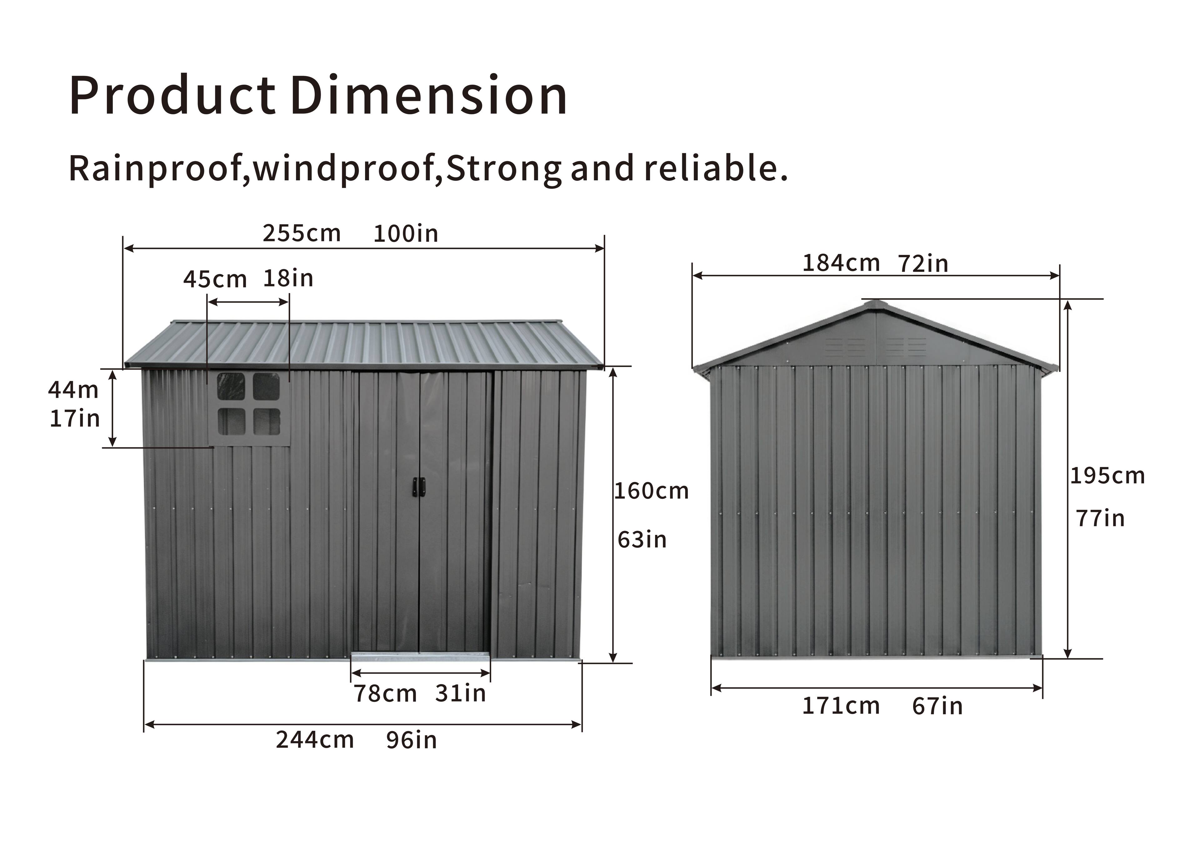 Product Dimension  
Rainproof, windproof, Strong and reliable.

- 255cm 100in
- 45cm 18in
- 44m 17in
- 160cm 63in
- 78cm 31in
- 244cm 96in
- 184cm 72in
- 195cm 77in
- 171cm 67in