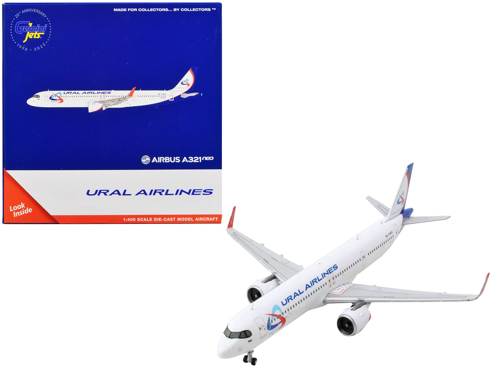 25% ANNIVERSARY  
Gemini Jets  
1998 - 2023  

MADE FOR COLLECTORS... BY COLLECTORS™  

AIRBUS A321neo  

URAL AIRLINES  
1:400 SCALE DIE-CAST MODEL AIRCRAFT  

Look Inside  

URAL AIRLINES  
1:400 SCALE DIE-CAST MODEL AIRCRAFT