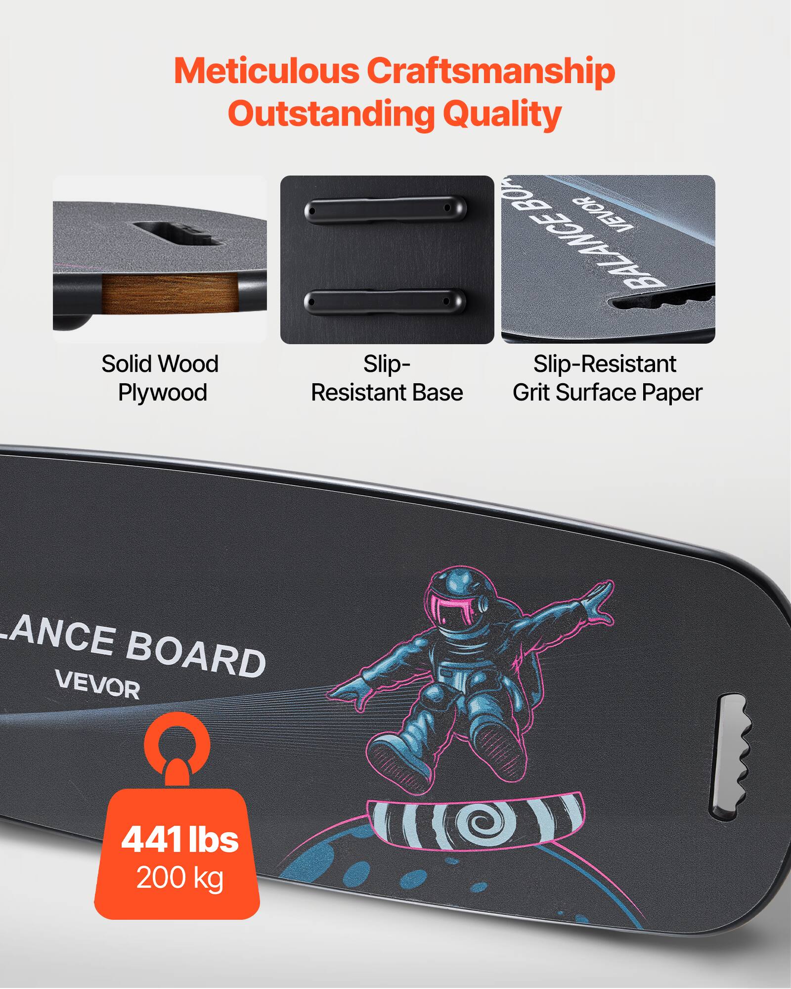 Meticulous Craftsmanship  
Outstanding Quality  

Solid Wood Plywood  
Slip-Resistant Base  
Slip-Resistant Grit Surface Paper  

441 lbs  
200 kg  

VEVOR BALANCE BOARD