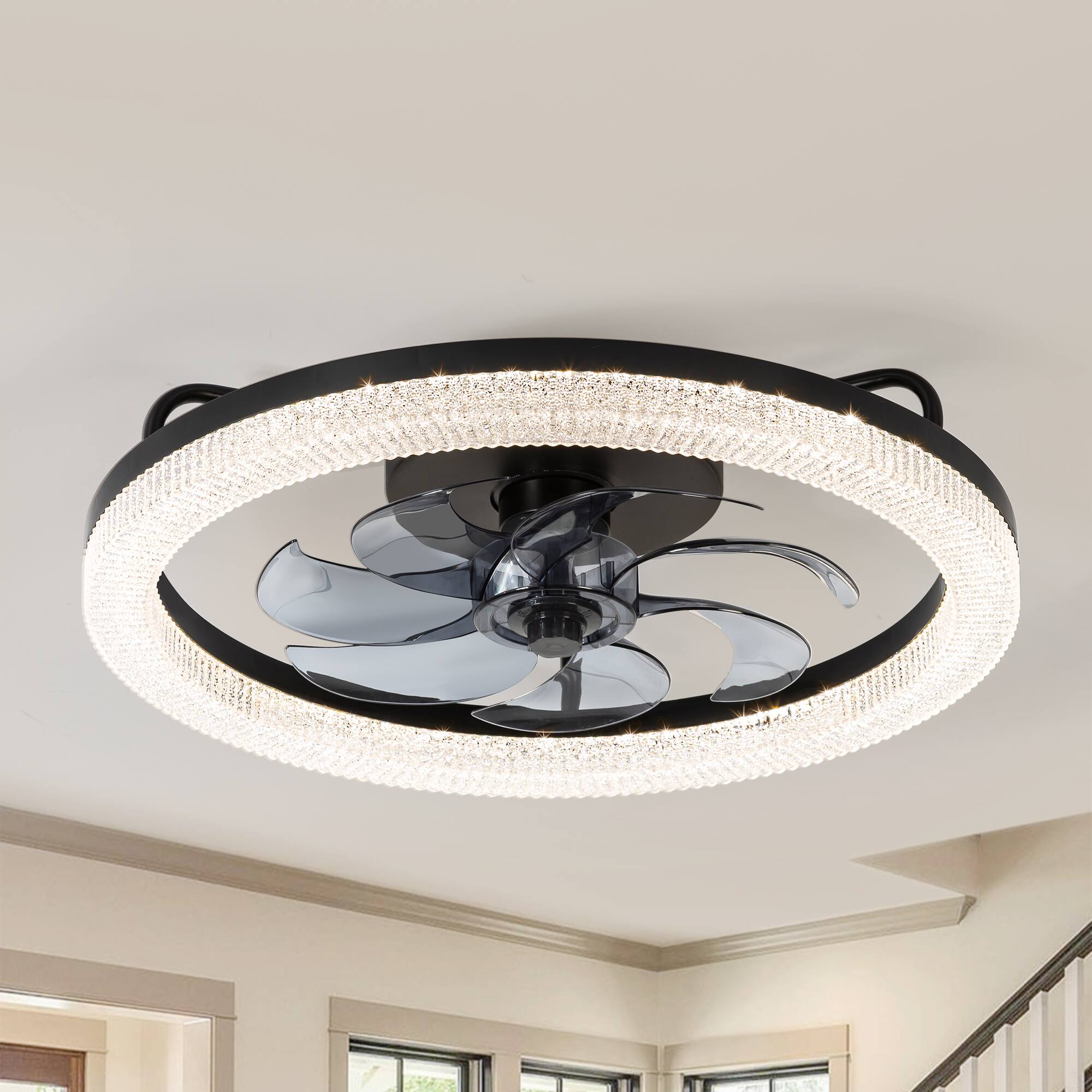 Front. Breezary - 20" Flush Mount Ceiling Fan with LED Light, 7 PC Blades, 6-Speed DC Motor, Remote Control with Memory Function - Matte Black.