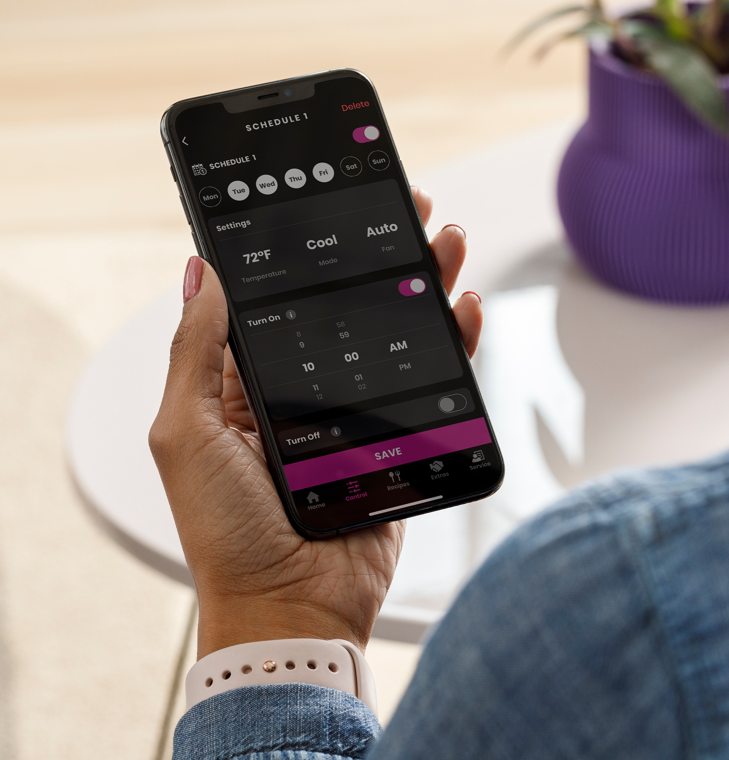 The text on the image reads:
1 SCHEDULE Delote 1 SCHEDULE Wesl Tue Men TU Fri SHon sun Settings Cool 72F Mode Temperature Auto Fan Turn On I a e 10 I 13 5 59 00 07 02 AM PM Turn off Hene SAVE 1Y Recipos Contral Extres Service