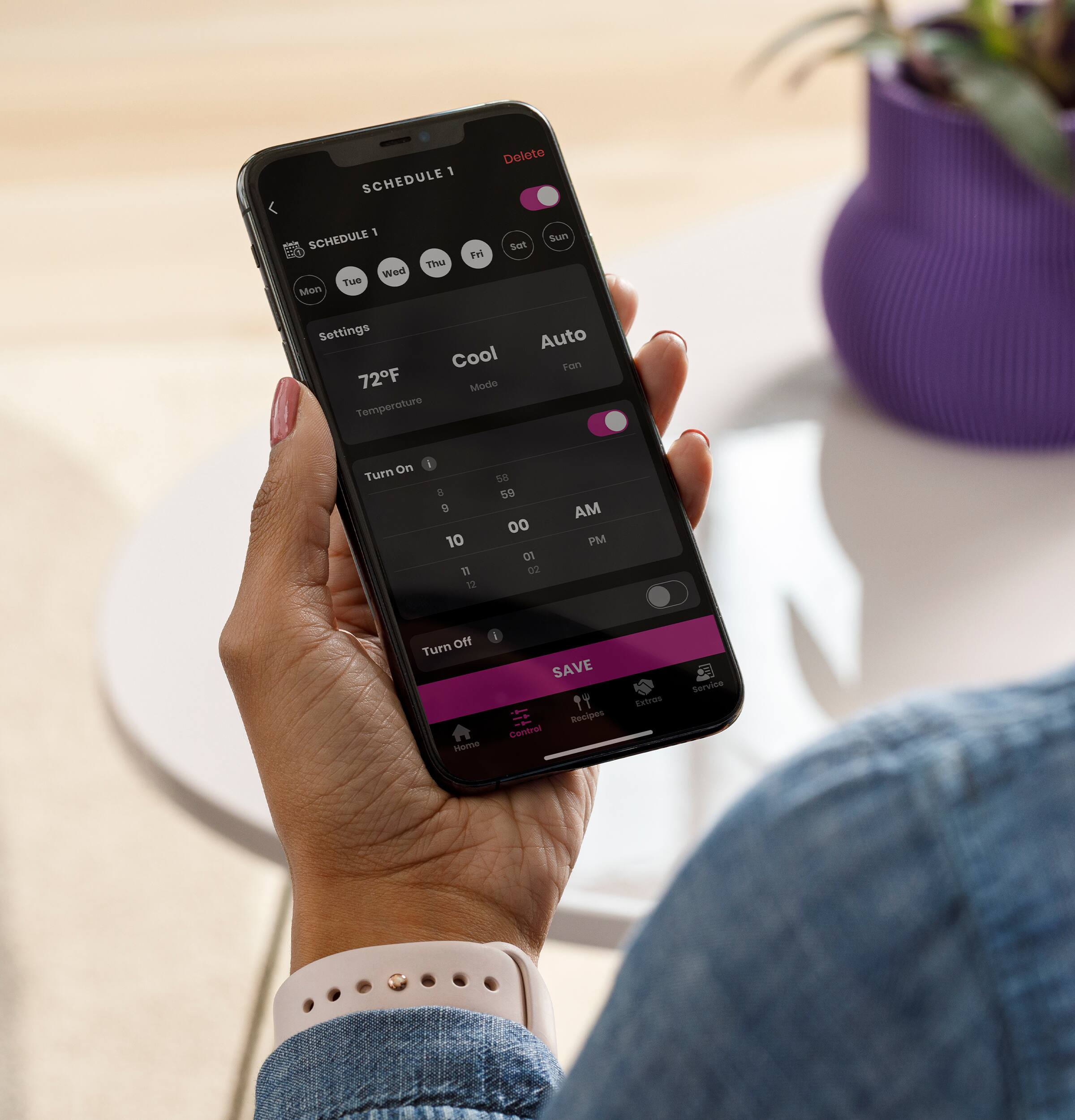 The text on the image reads:

1 SCHEDULE Delote 1 SCHEDULE Wesl Tue Men TU Fri SHon sun Settings Cool 72F Mode Temperature Auto Fan Turn On I a e 10 I 13 5 59 00 07 02 AM PM Turn off Hene SAVE 1Y Recipos Contral Extres Service