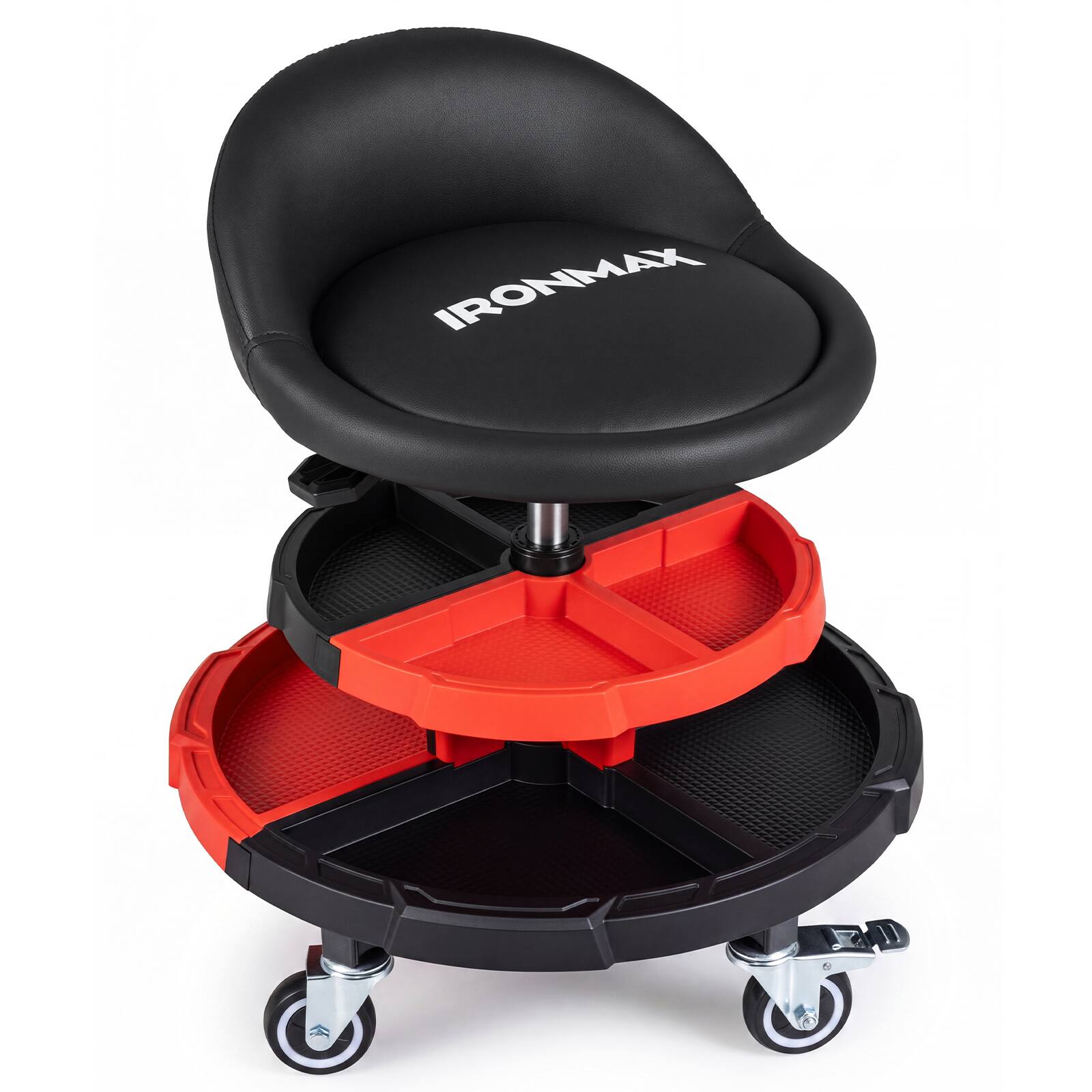 Alt View 9. Costway - Ironmax 360° Rolling Mechanic Stool with 2 Tool Storage Trays, Backrest, Lockable Wheels two-tier - Red 2 Trays.