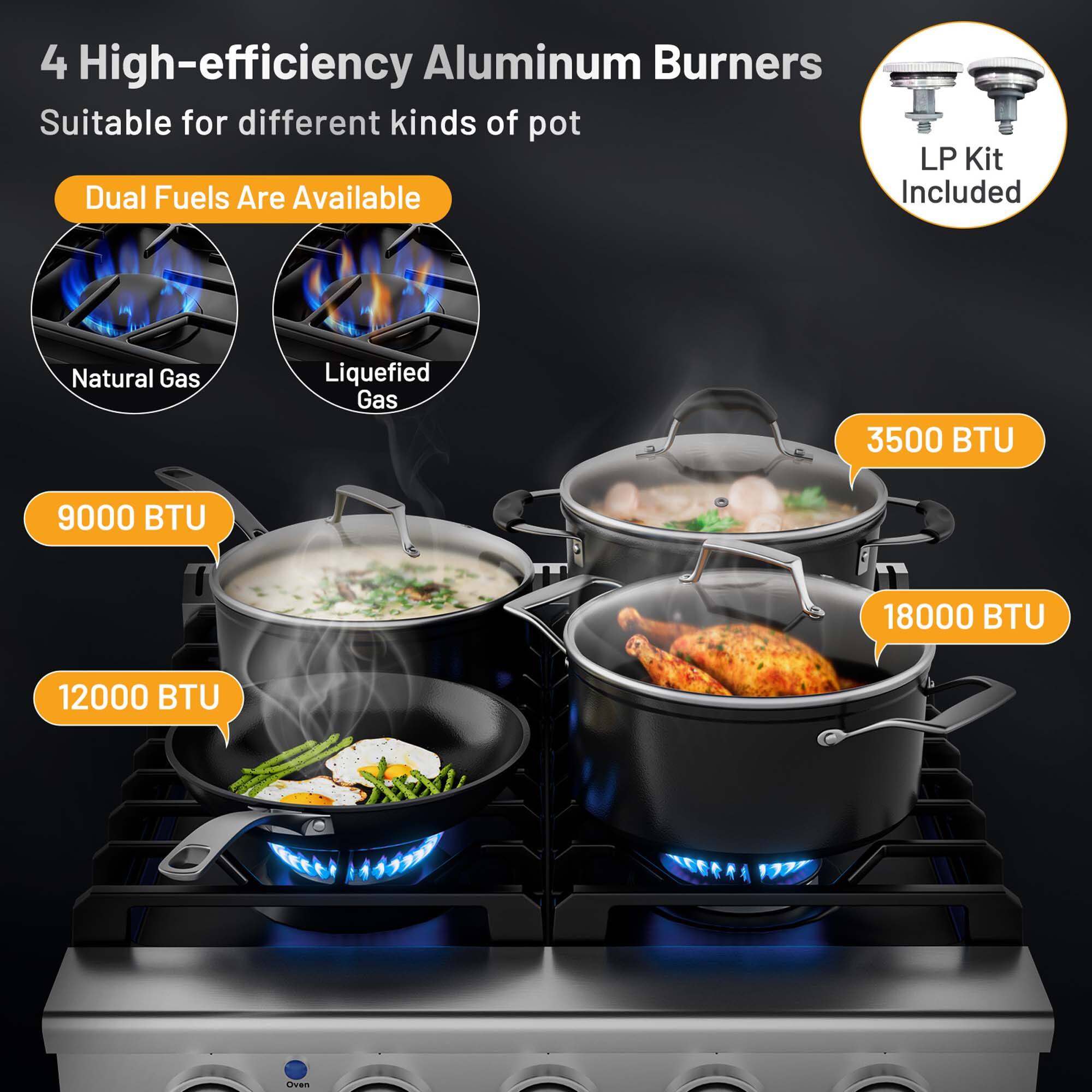 4 High-efficiency Aluminum Burners  
Suitable for different kinds of pot  

Dual Fuels Are Available  
Natural Gas  
Liquefied Gas  

LP Kit Included  

9000 BTU  
12000 BTU  
3500 BTU  
18000 BTU